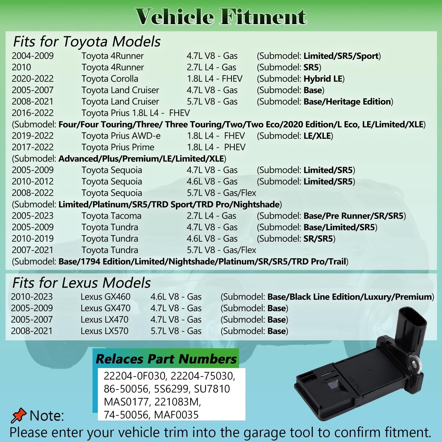 Mass Air Flow Sensor MAF Sensor 22204-75030 Compatible with Toyota 4Runner Corolla Land Cruiser Prius Sequoia Tacoma Tundra Lexus GX460 GX470 Replaces OE# 22204-0F030