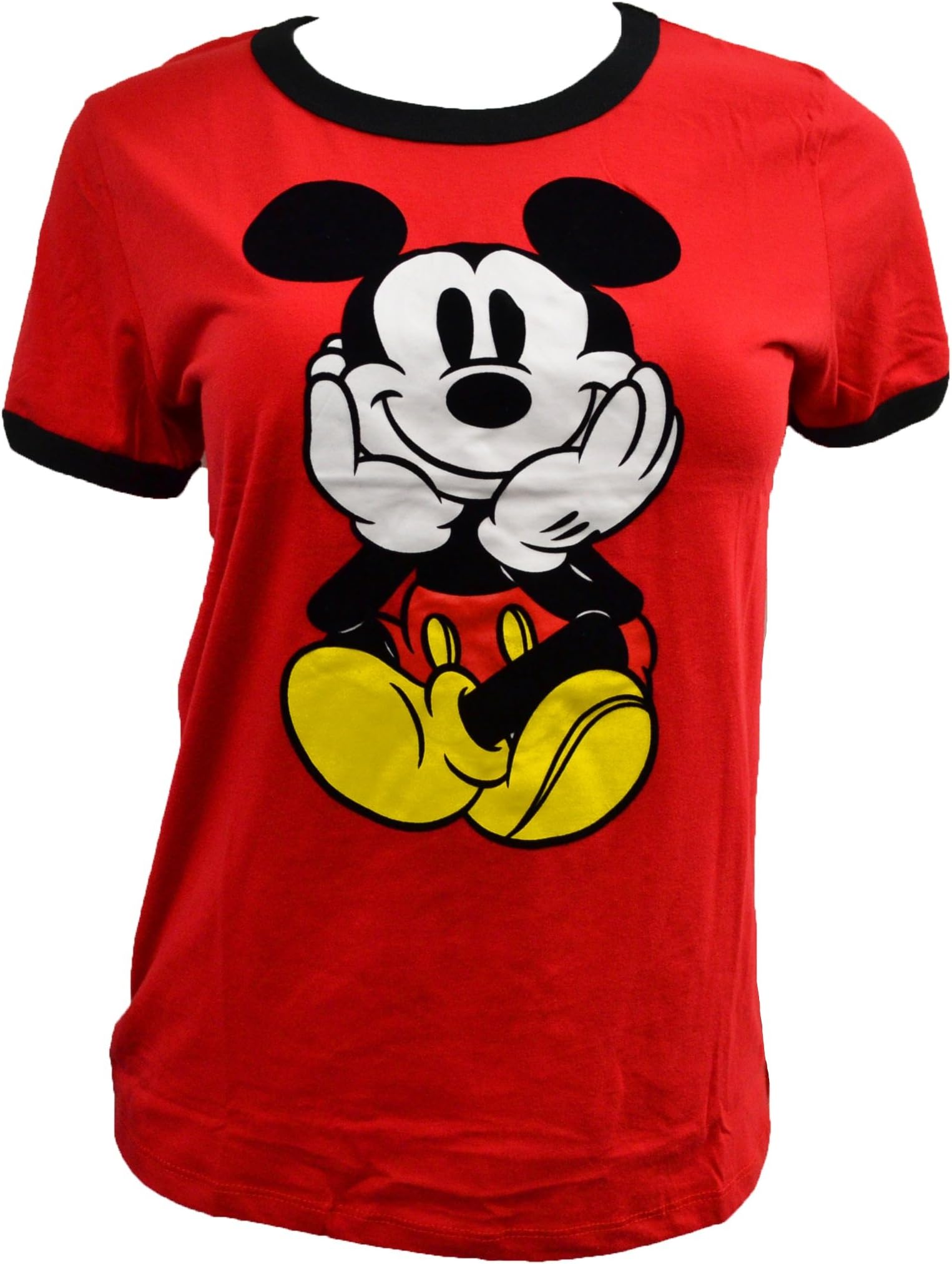 Disney Women's Juniors Mickey Velvet Design Ringer T-Shirt