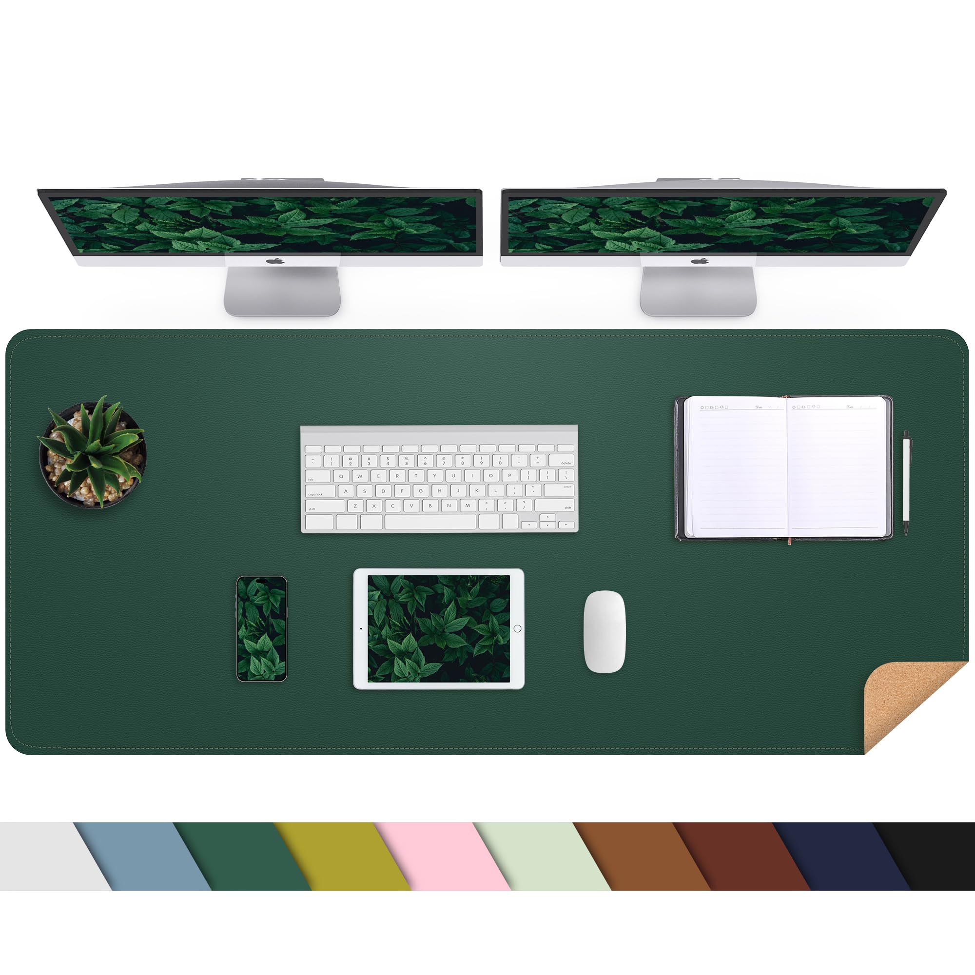 Leather Desk Mat, Large Mouse Mat,PU Leather & Cork Desk Pad, Waterproof Leather Table Protector Writing Pad for Office and Home(140 x 60 cm,Dark Green)