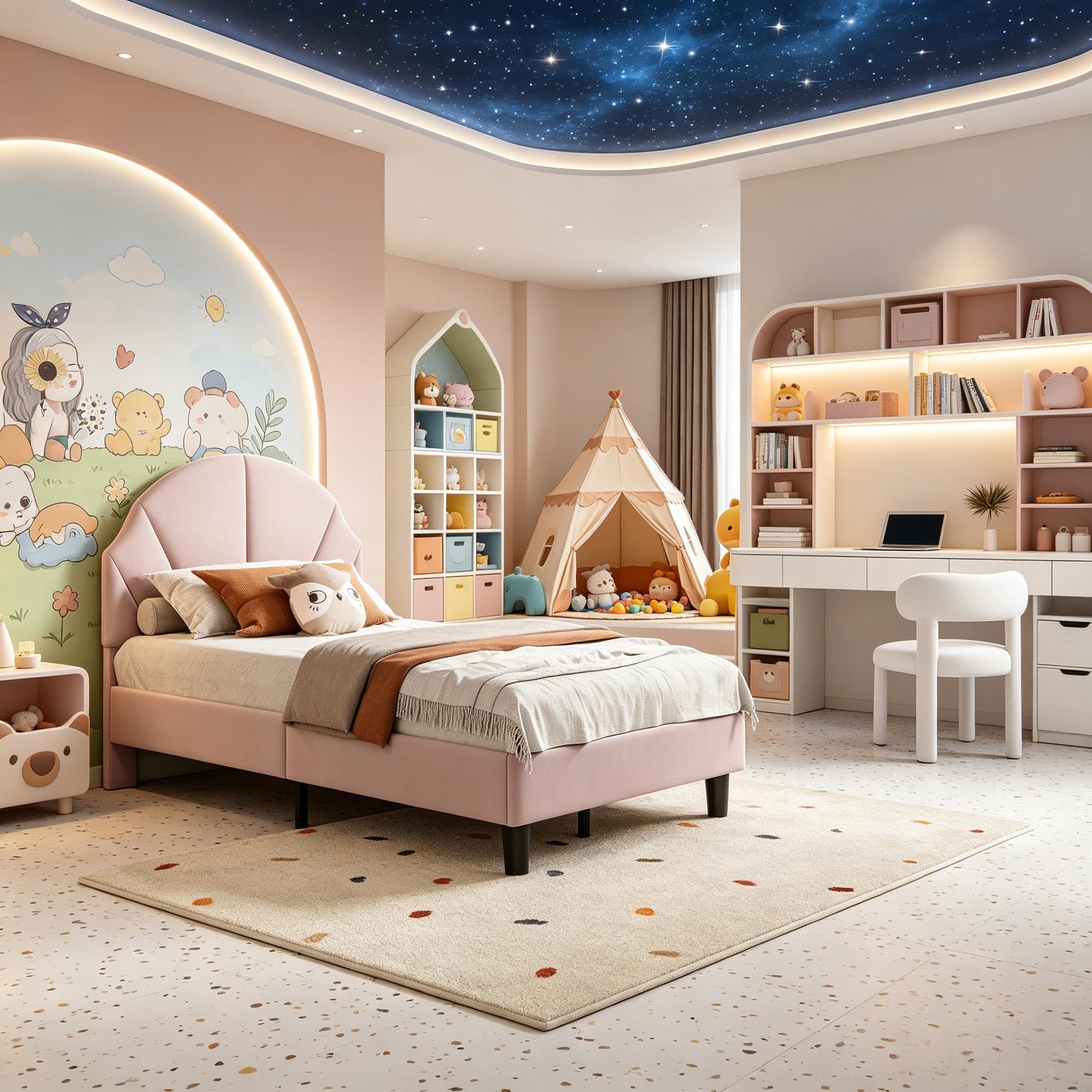 Letto Singolo Imbottito 90x200 cm con Rete a Doghe, Letto da Principessa per Bambina con Testata Regolabile Letto per Bambina 90x200 Letti per 1 Persona per Ragazza Adolescente, in Velluto