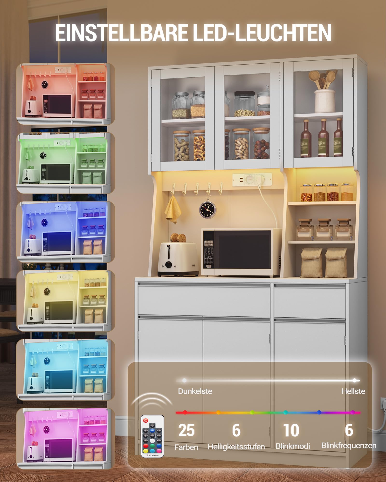 Hzuaneri küchenschrank, Sideboard, Kommode Küche mit Steckdosen und Led-Lichtleisten, mit Arbeitsplatten und Zwei Schubladen, Verstellbare Einlegeböden, Küche, 40 x 100 x 180 cm, Weiß, PT00103XEU