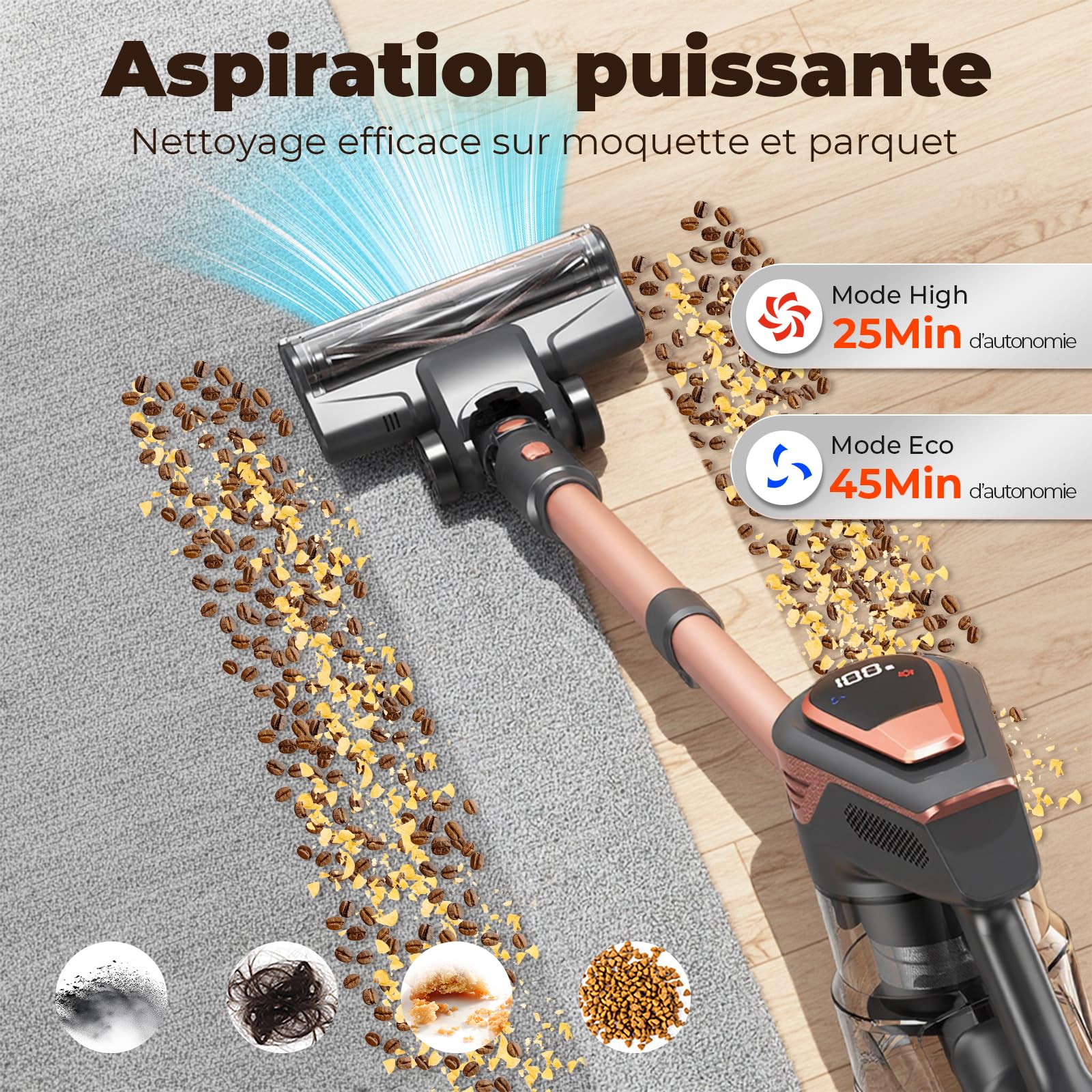 Aspirateur Balai sans Fil 300W, 45Min, Brosse Anti-Emmêlement, Batterie Amovible, Écran LED pour Tapis et Poils d‘Animaux (Jaune)