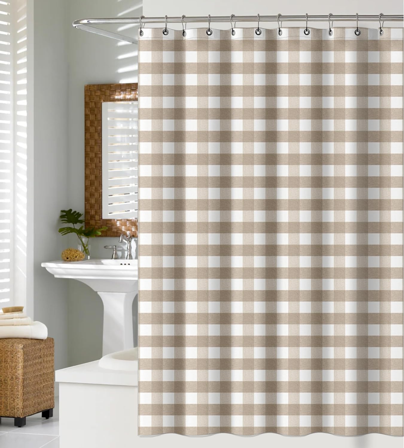 100% Recycled Cotton Plaid Shower Curtain – Eco-Friendly, Lightweight Sustainable Fabric, Button Hole Semi Sheer Curtain for Bathroom, Durable & Washable, 72"x72", Beige