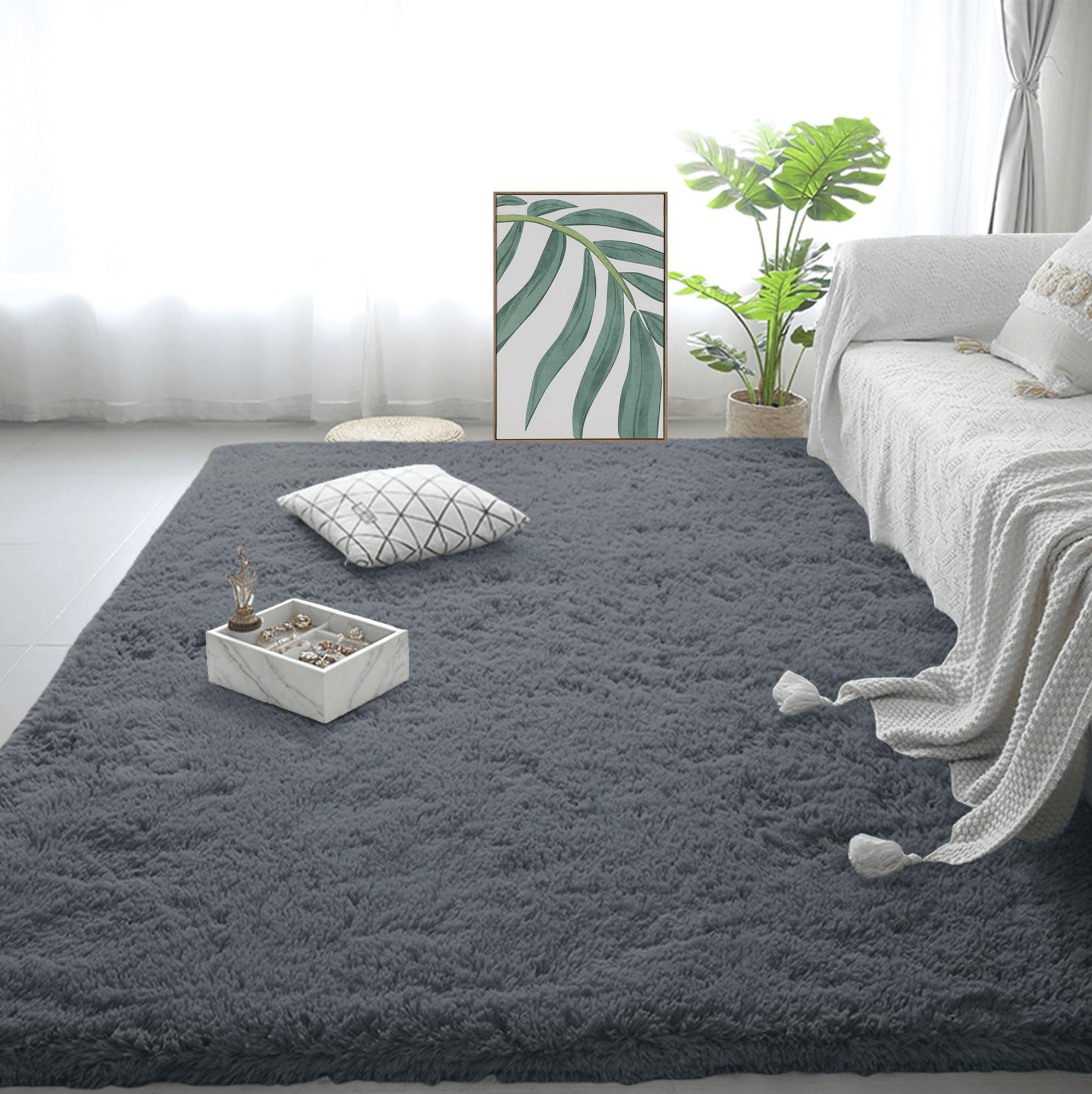 Grand tapis de salon 110 x 300 cm gris foncé en peluche douce pour couloir et chambre