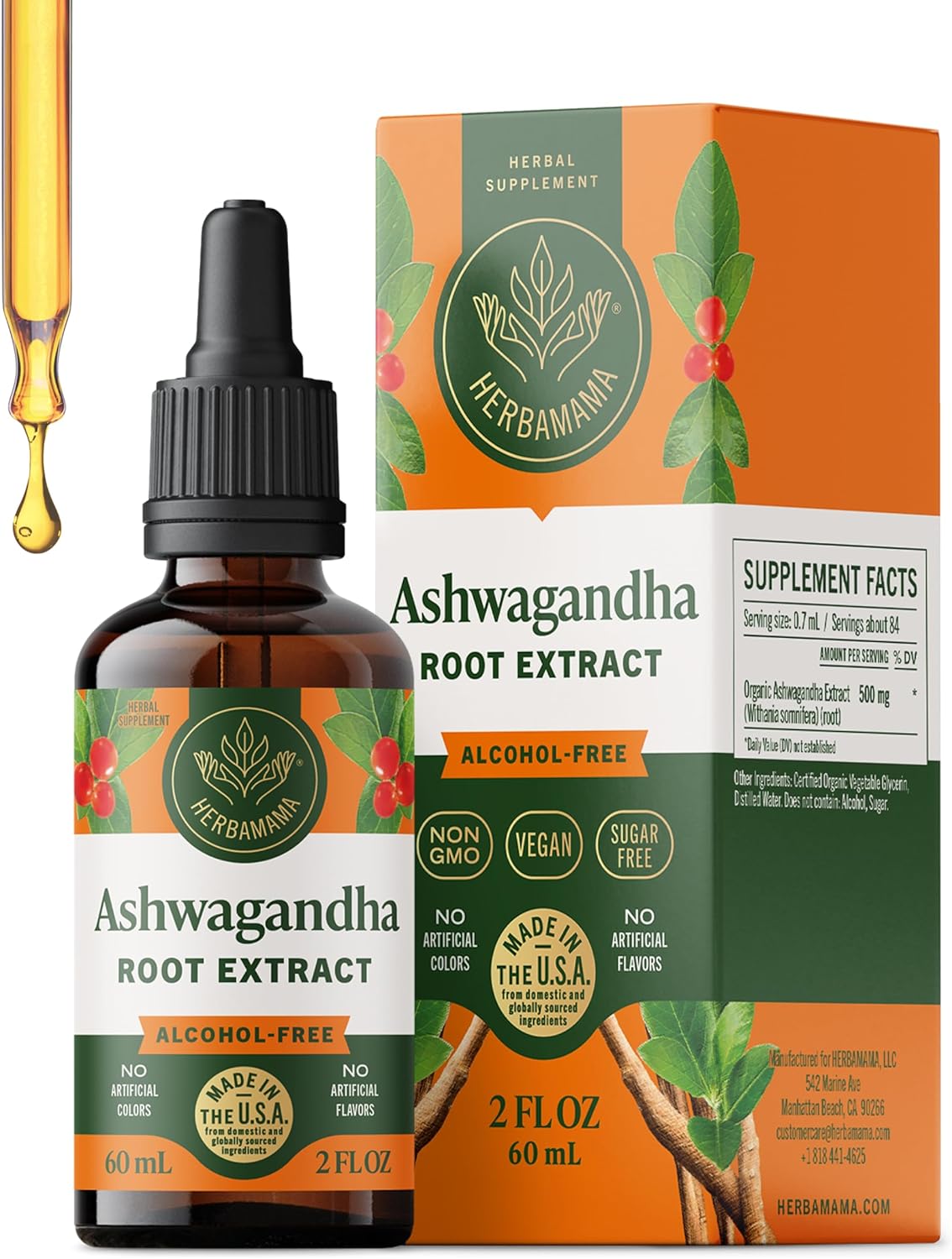 HERBAMAMA Ashwagandha Liquid Drops - Vegan Ashwagandha Root Extract for Calm & Mood Support - Non-GMO, Alcohol & Sugar-Free Calming Supplement for Adults, 28-Day Supply