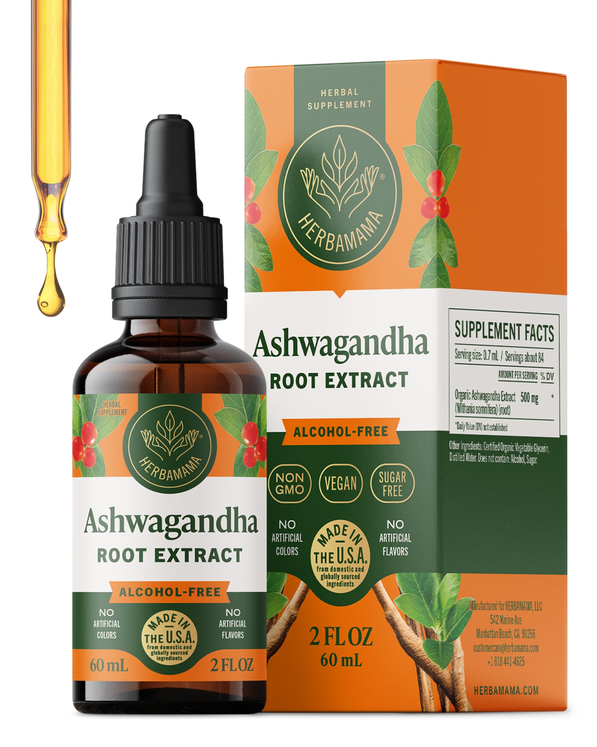 HERBAMAMA Ashwagandha Liquid Drops - Vegan Ashwagandha Root Extract for Calm & Mood Support - Non-GMO, Alcohol & Sugar-Free Calming Supplement for Adults, 28-Day Supply
