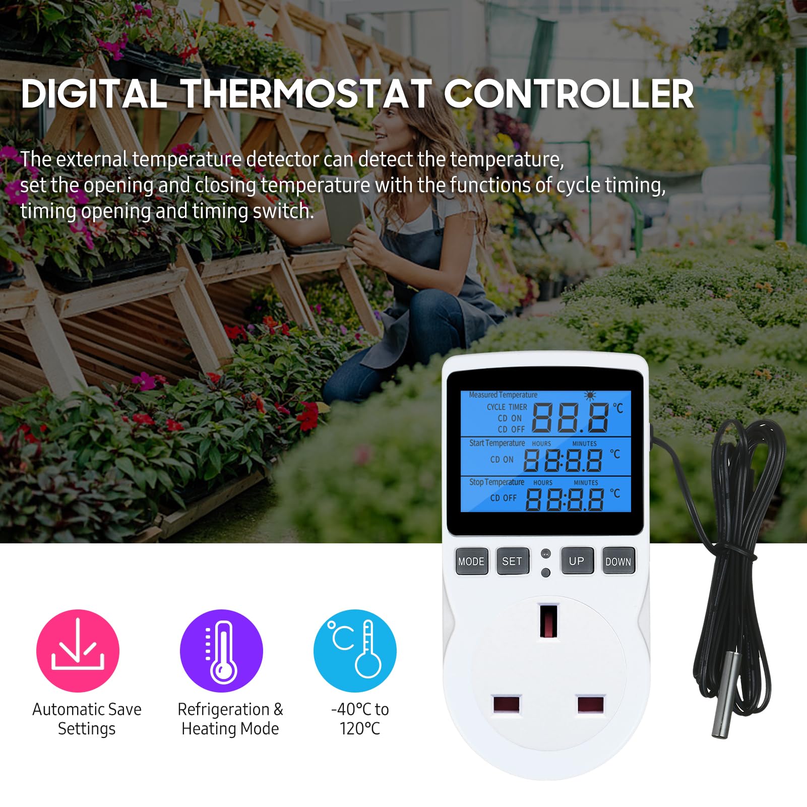 Weytoll Termostato digital LCD con enchufe, control de calefacción y refrigeración para terrarios, acuarios y reptiles, control de temperatura con temporizador y sonda