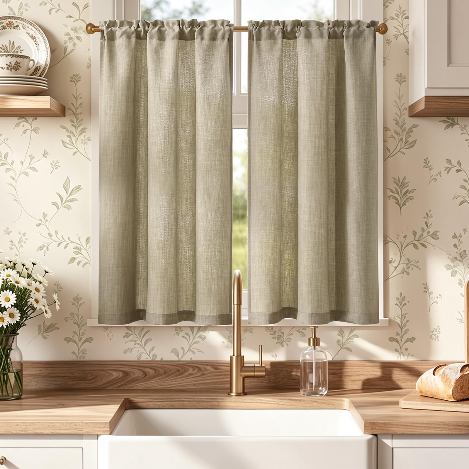 TOPICK Linen Optics Beige Cafe Curtains 45 Inch Drop, Small Kitchen Curtains, Light Filtering Curtain Tiers for Bathroom, Sink, Cupboard Base, 2 Panels with Rod Pocket, W26 x L45 Inch — image 1