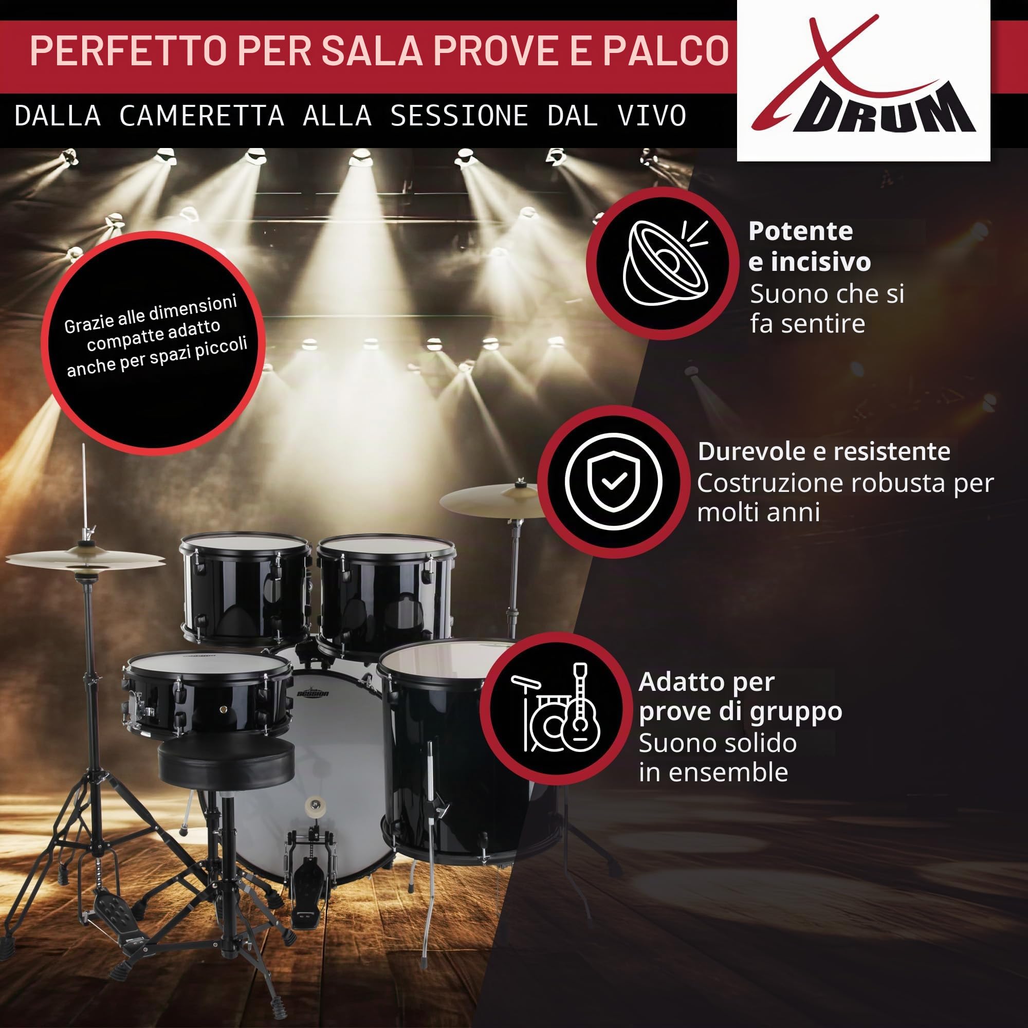 XDrum Rookie 20" Studio Batteria Black più Set di Smorzatori, 14" TT | Fusti in pioppo acusticamente pregiato con pellicola speciale, Hardware nero a doppio rinforzo a 5 pezzi, 14" TT, 14" SD