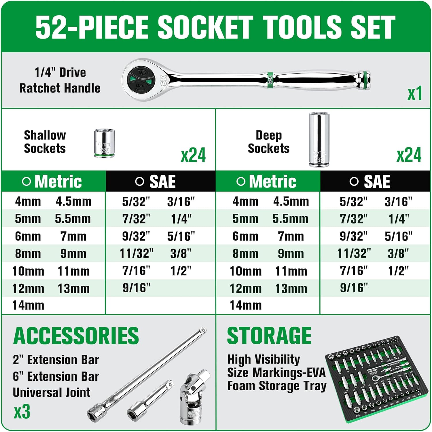SK 1/4" Drive Socket Set with 160-P Ratchet, 52-Piece, SAE & Metric, SuperKrome Finish, Premium CR-V Construction, with EVA Foam Tool Organizer