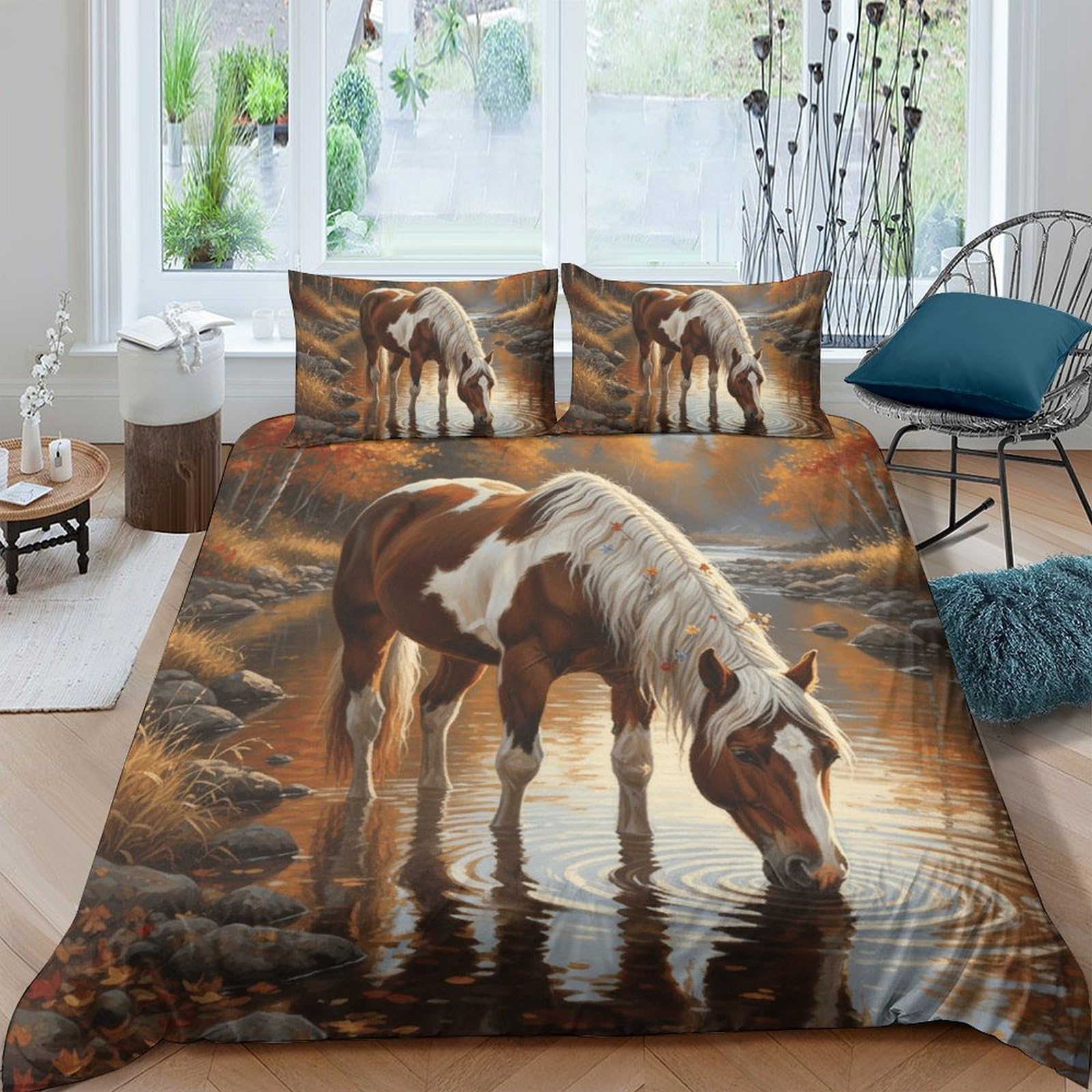 Ctjqhvkz Style-4 3D Printed Grazing Horse Fitted Sheet Microfiber Bedroom Decor Autumn Forest Bed Cover For Home Guest Room Single（135X200cm）