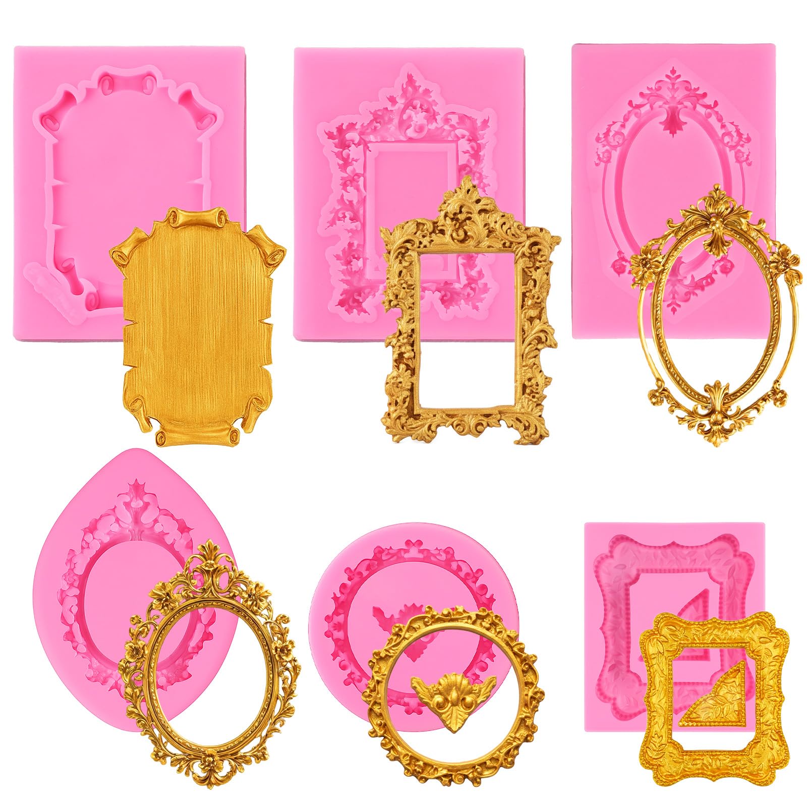 6PCS Chocolate Molds Silicone Picture Frame Mold, Baroque Style Mini Air Dry Polymer Clay Mold, Vintage Photo Frame Molds for Crafts Cupcake Topper Cake Decoration Chocolate Candy(Pink)