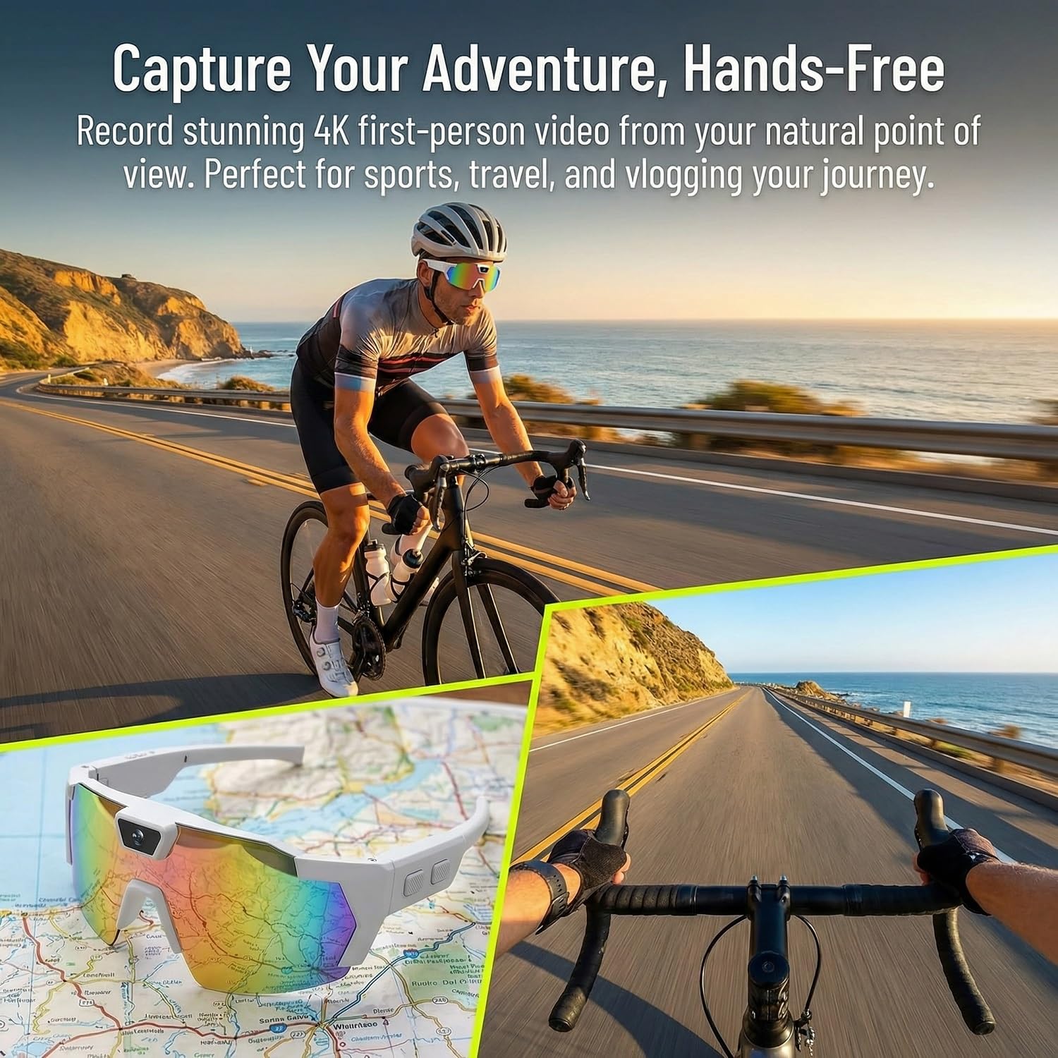Occhiali da sole con action camera 4K – Occhiali da sole con registrazione video POV a mani libere, polarizzati, occhiali sportivi intelligenti per escursionismo, ciclismo, baseball, batteria da 2 ore