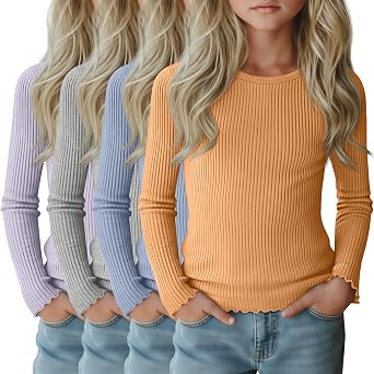 4 Pack Girls Long Sleeve Shirts Cotton Ribbed Tops