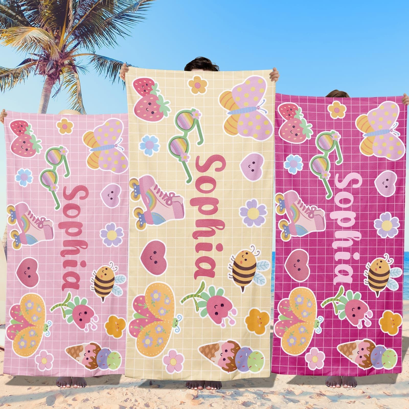 Loosusu Personalised Beach Towels for Kids - Custom Cute Beach Towels with Monogram & Name- Ultra Absorbent Super Soft Swimming Towels for Kids,Customised Bath/Pool/Beach Towel for Boys Girls