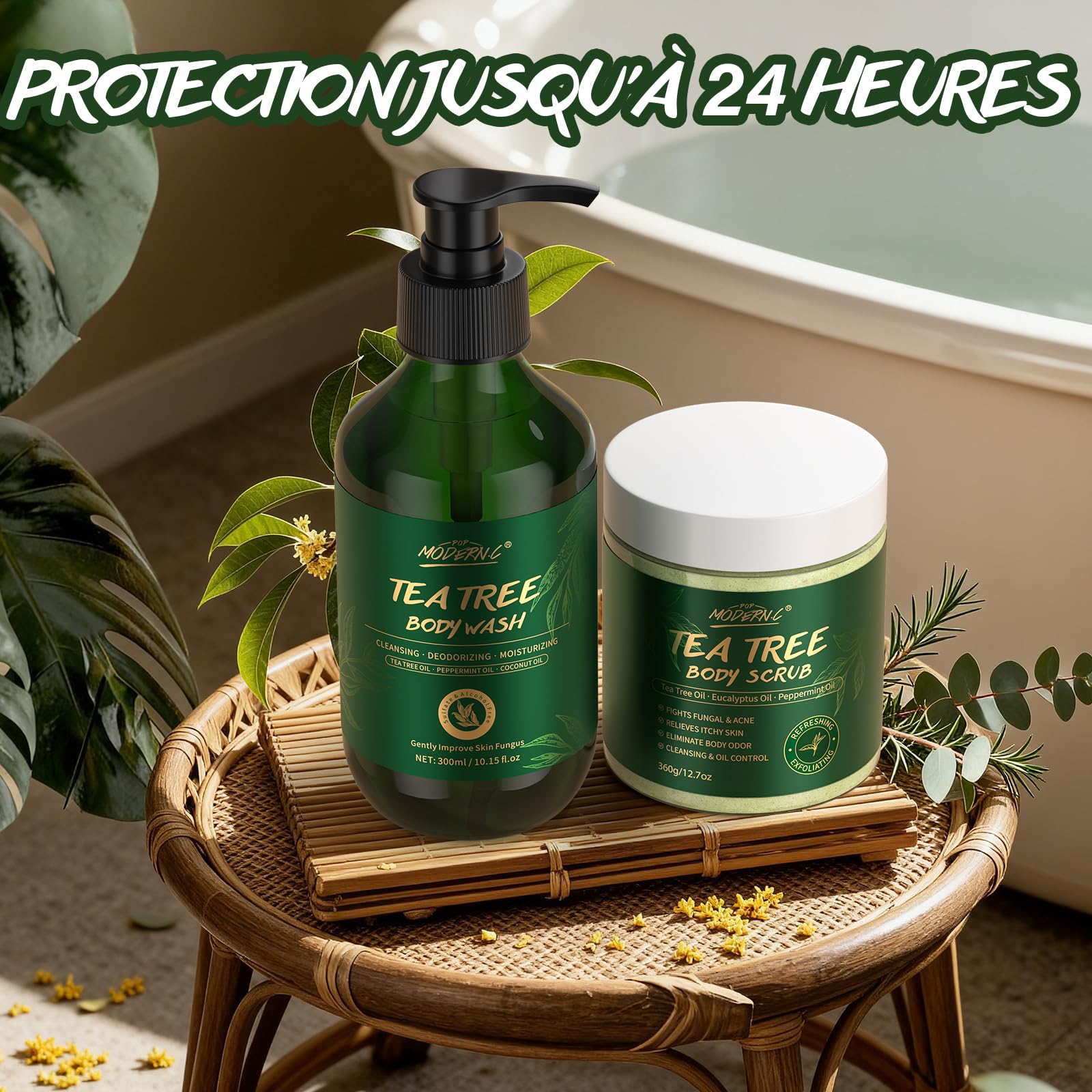 Gommage Corporel à L'huile D'arbre à Thé, Améliore les Mycoses Cutanées, les Démangeaisons, L'eczéma Marginé, les Odeurs Corporelles. Gommage au Sel Marin pour Exfolier et Hydrater la peau, 360g