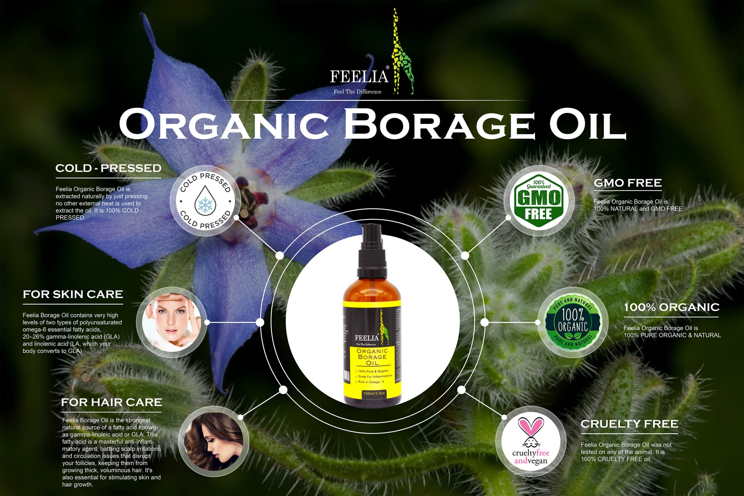 Feelia - Olio di borragine organico - spremuto a freddo, ricco di Omega 6, ottimo per le infiammazioni, 100% puro e biologico