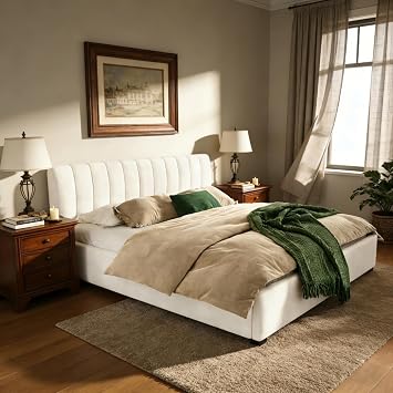 roomfitters King Size Upholstered Platform Bed Frame with Vertical Channel Headboard, Modern Fabric, Metal Slats, Beige