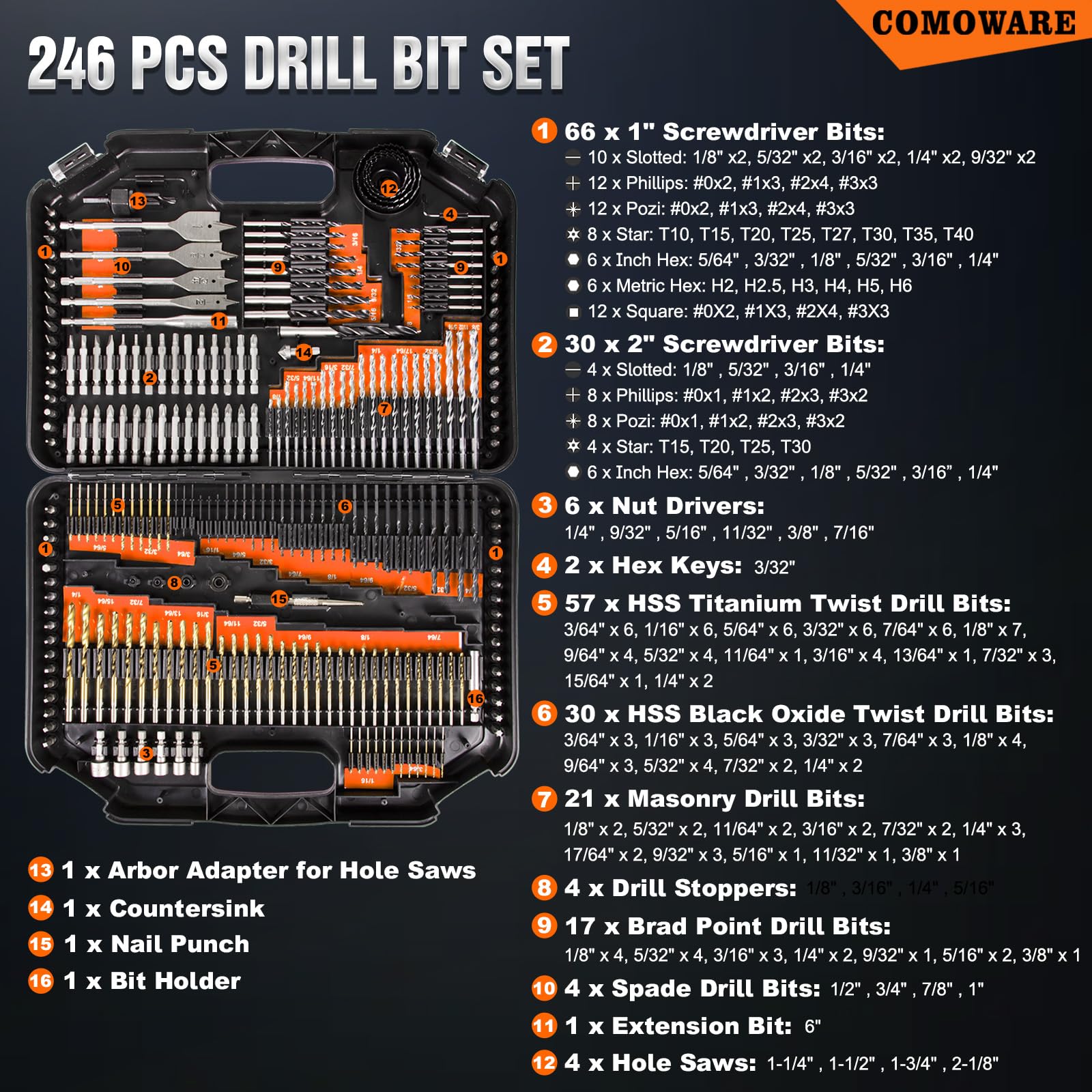 COMOWARE Bohrer-Set, 246-teilig, Schraubendreher-Bits für Akku-Bohrer, Schraubendreher-Bohrer-Set, Kombi-Kit für Holz, Metall, Mauerwerk, Zement, orangefarbener Koffer