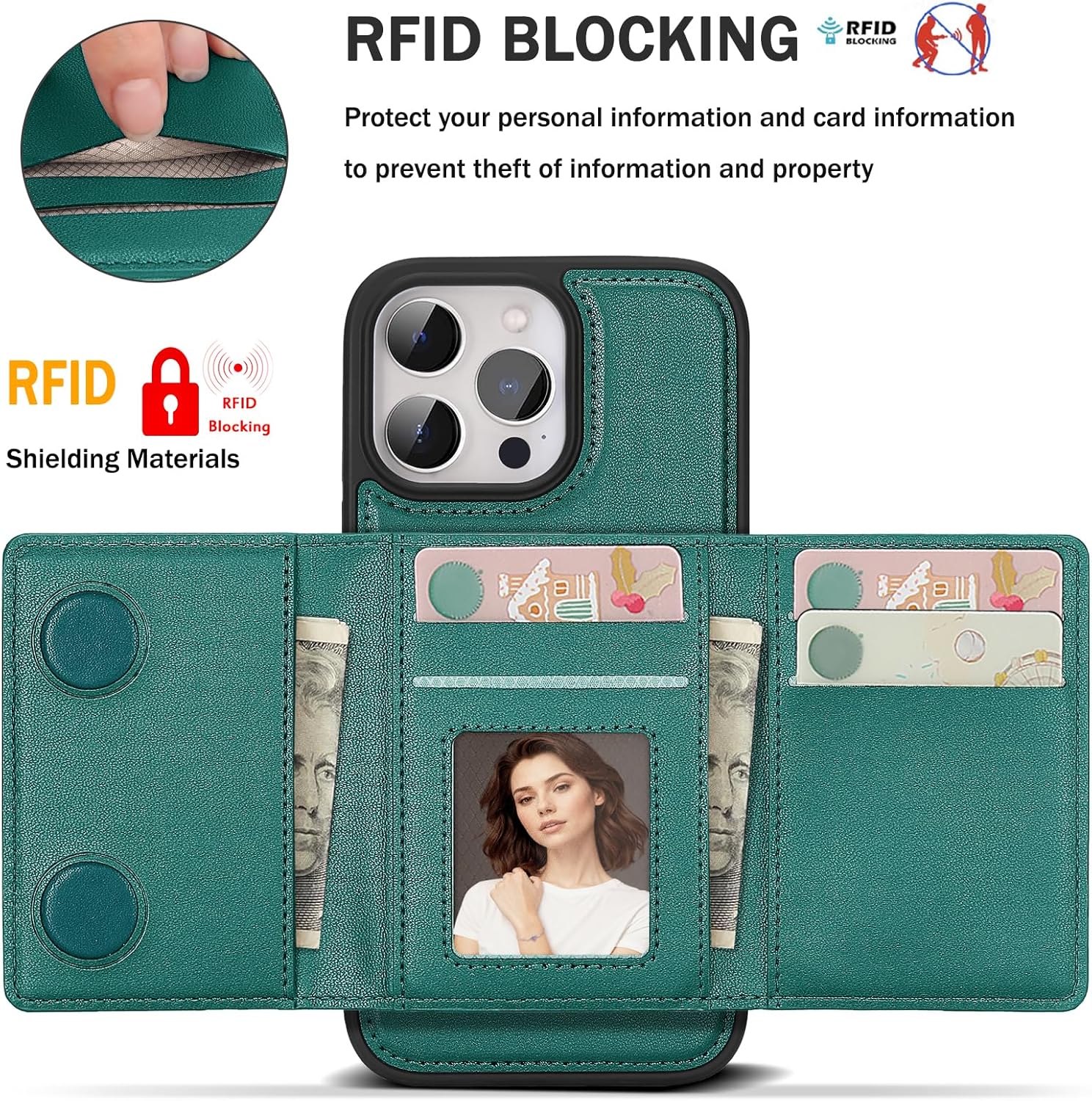 for iPhone 13 pro max Wallet Case, 2-in-1 Detachable Wallet Case, Card Holder RFID Blocking, Fashionable Faux Leather Card Slot & Folding Design (Green 6.7'')