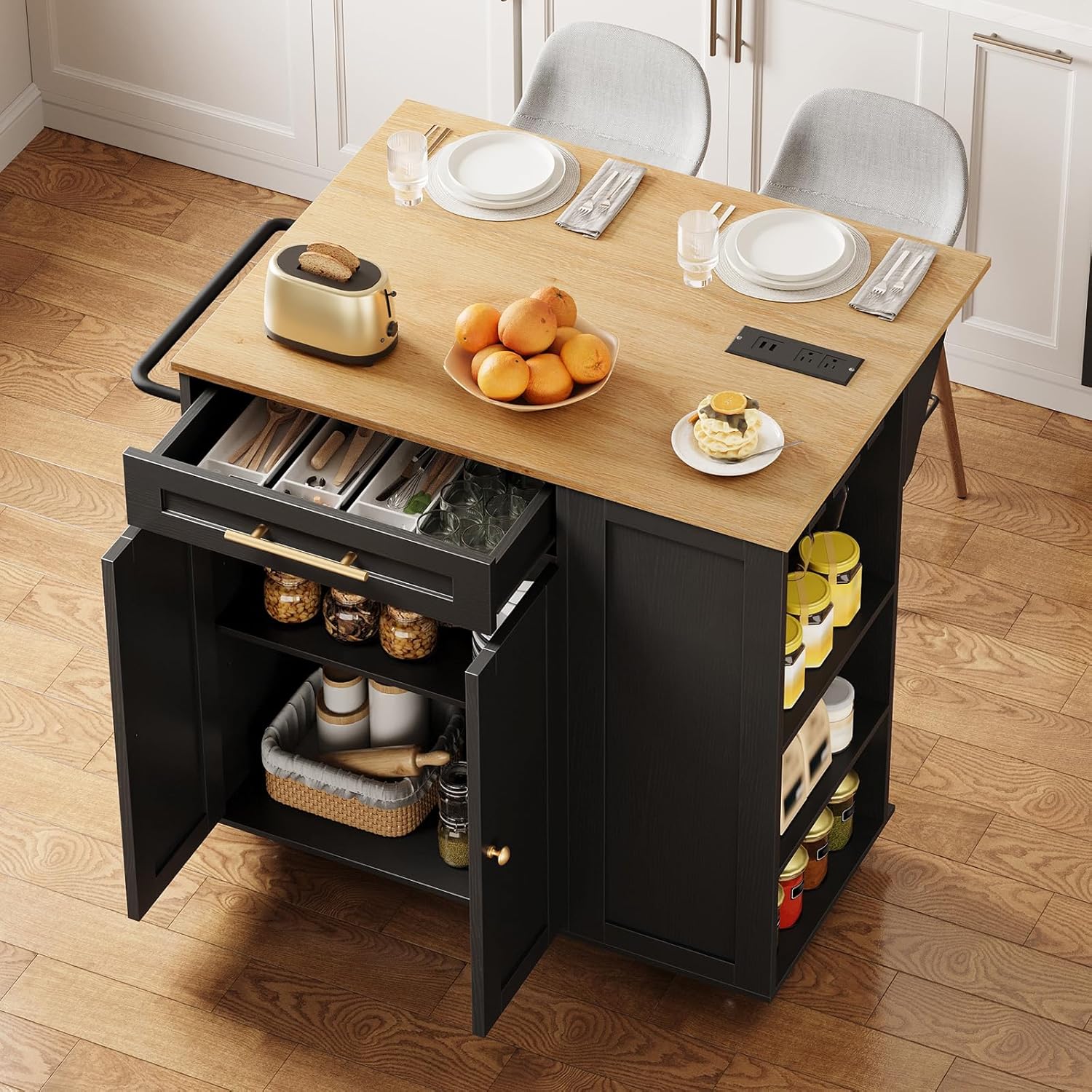 Kitchen Island with Storage, Rolling Kitchen Table with Drop Leaf, Charging Station, 3 Open Adjustable Shelf & Drawer, Towel Rack, Mobile Kitchen Cart for Dining Room, Black and Natural