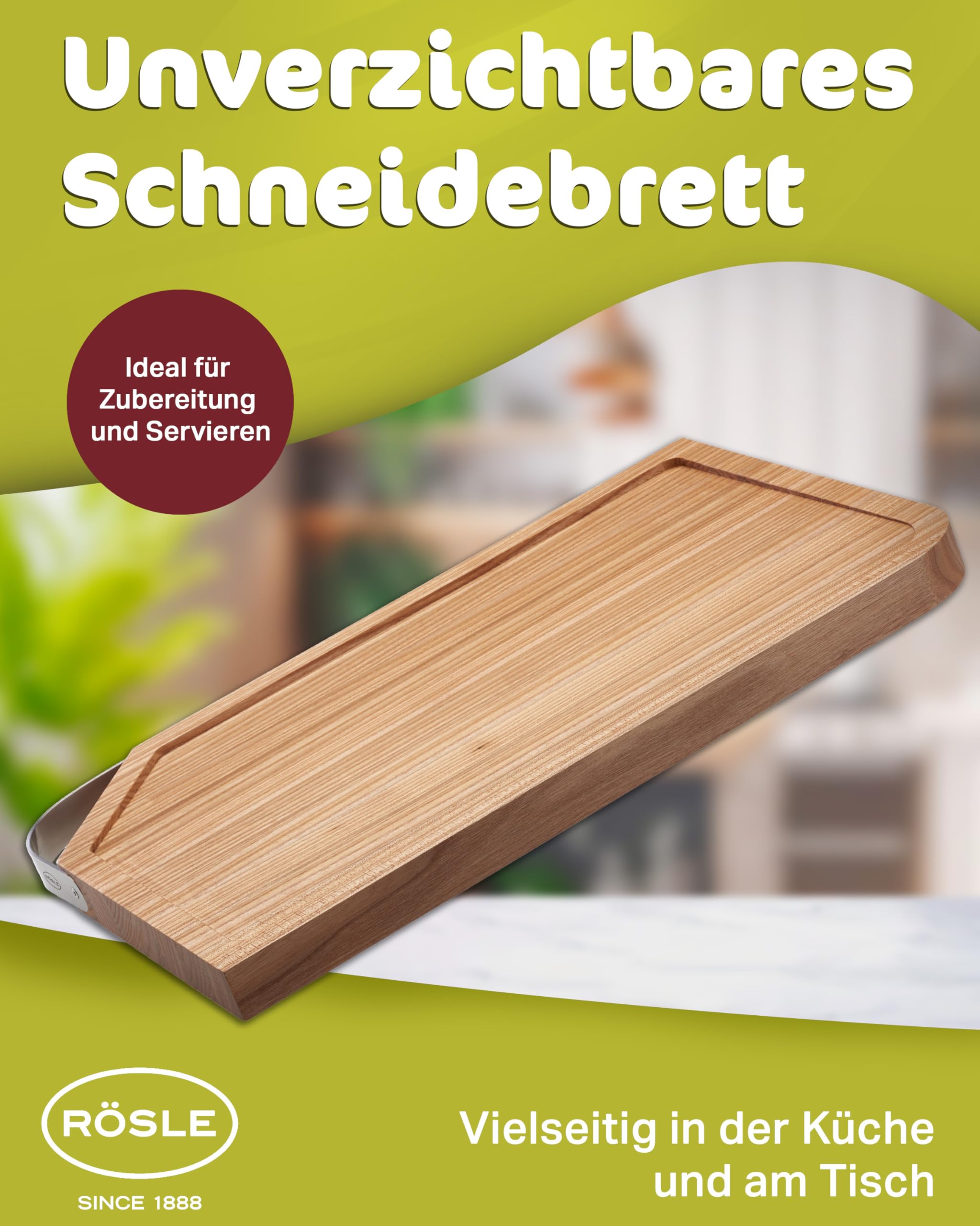RÖSLE Schneidebrett mit Edelstahlgriff, 48x32cm, Hochwertiges Schneidebrett Holz aus robustem Ulmenholz, Holzschneidebrett für universellen Einsatz, rutschfestes Küchenbrett und Servierbrett