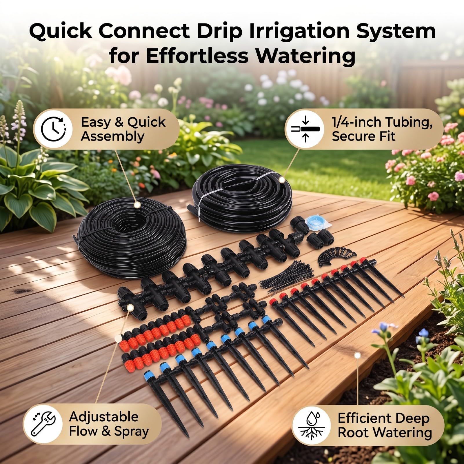 Luocute di Irrigazione a Goccia, Tubo da 1/4 Pollice con Raccordo Rapido per Giardino, Kit per Innaffiare