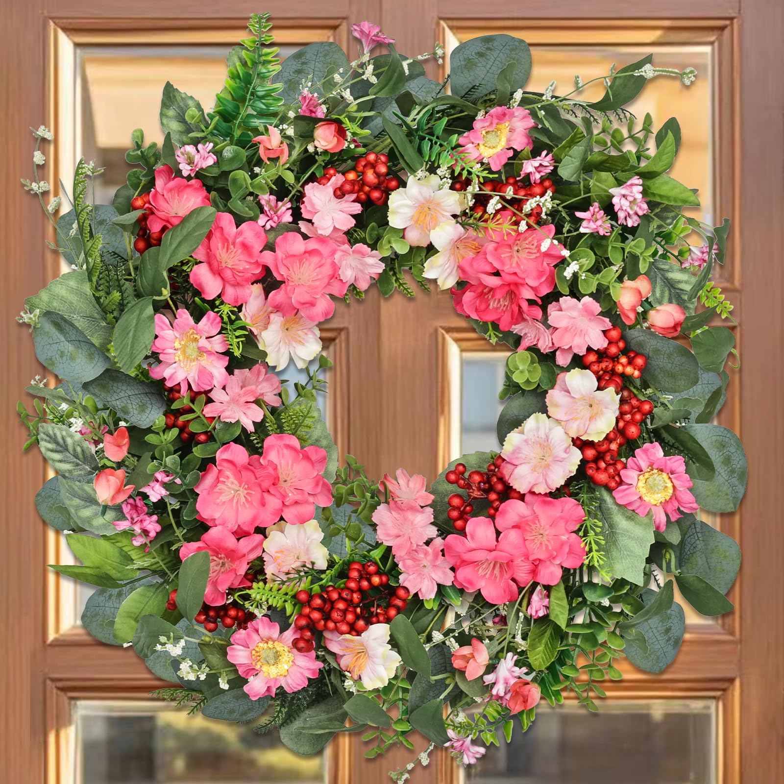 18" Colorful Wildflower Spring Summer Wreath with Green Leaves, Floral Artificial Wreath for Front Door Home Wall Wedding Farmhouse Holiday Outdoor