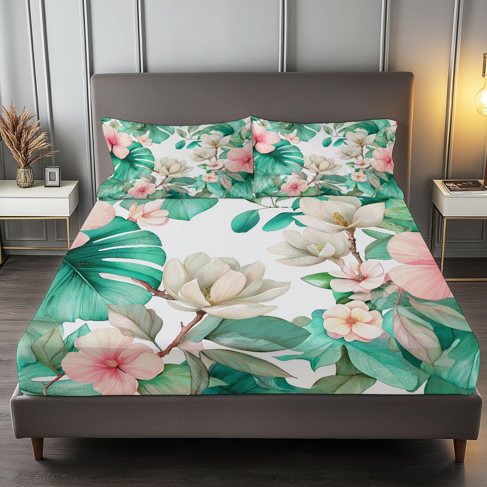 90 x 190 cm, niebiesko-białe prześcieradło z gumką, kwiaty magnolia liście Monstera, miękka czapka z mikrofibry 30 cm, 2-osobowy materac z mikrofibry, bardzo miękki i oddychający z gumką dookoła