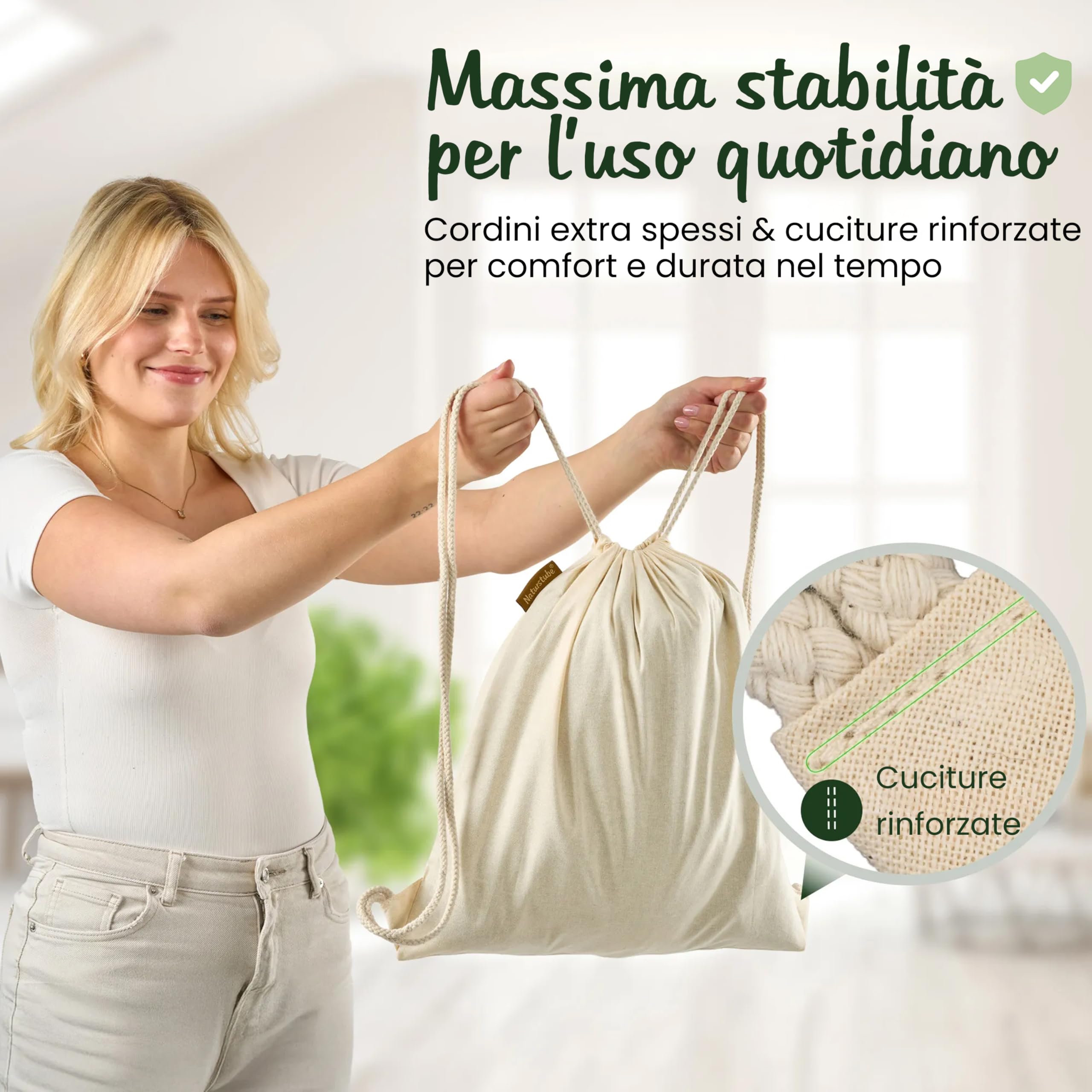 Sacca Sportiva in Cotone Naturale (10 Pezzi, 38 x 42 cm) Oeko-TEX® | Zaino Sacca con Coulisse da Palestra, Mare e Spiaggia | Sacchetta Porta Scarpe per Uomo, Donna e Bambini