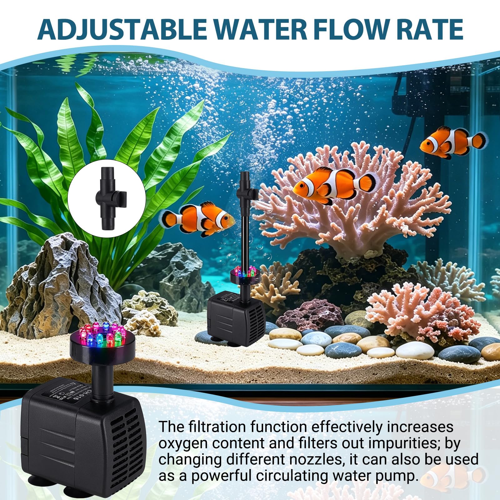 Springbrunnenpumpe Aussen mit LED, 800L/h 16W Wasserspielpumpe Wasserpumpe Fontäne für außen Teichpumpe 3 Düsenim, Teich Springbrunnen für Gartenteich, Wasserfall