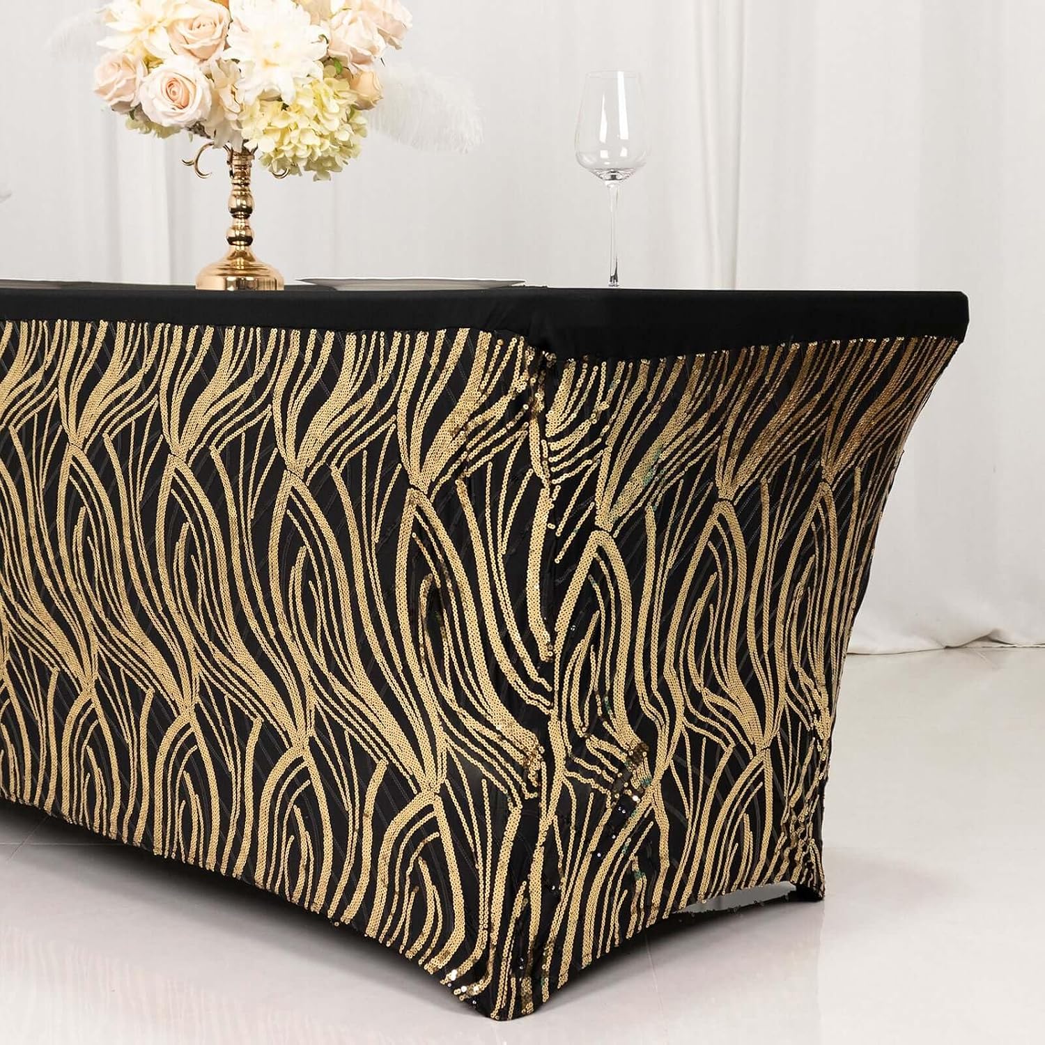 Efavormart Black Gold Stretch Spandex Rectangle Tablecloth 6ft with Wave Embroidered Sequins, Fitted Table Cover for 72"x30" Tables