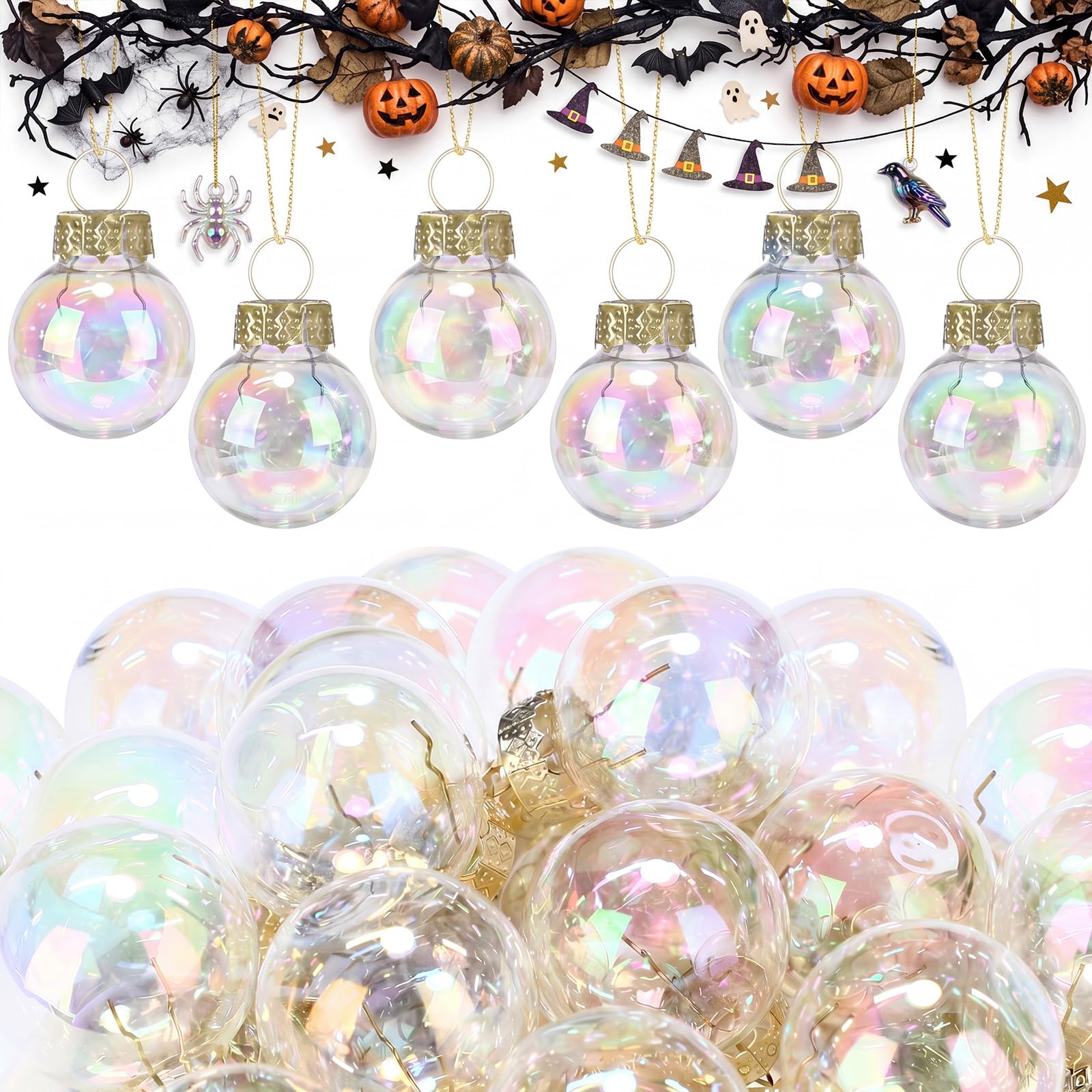 Tioncy 32 Pcs 1'' Mini Glass Halloween Ornament, Small Clear Colorful Balls