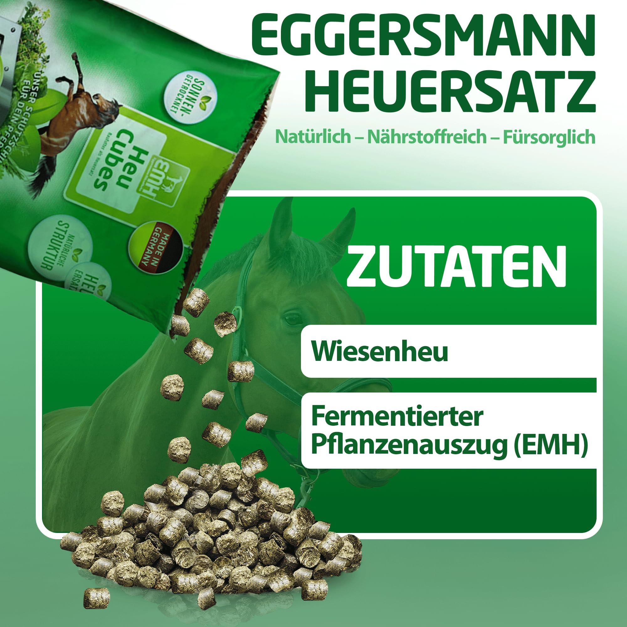 Eggersmann Mein Pferdefutter EMH Heu Cubes 20 kg - Raufutter aus sonnengetrocknetem Heu ideal als kompletter Heuersatz für Pferde & Ponys - Pferdefutter ideal bei Zahnproblemen - Deutsche Herstellung