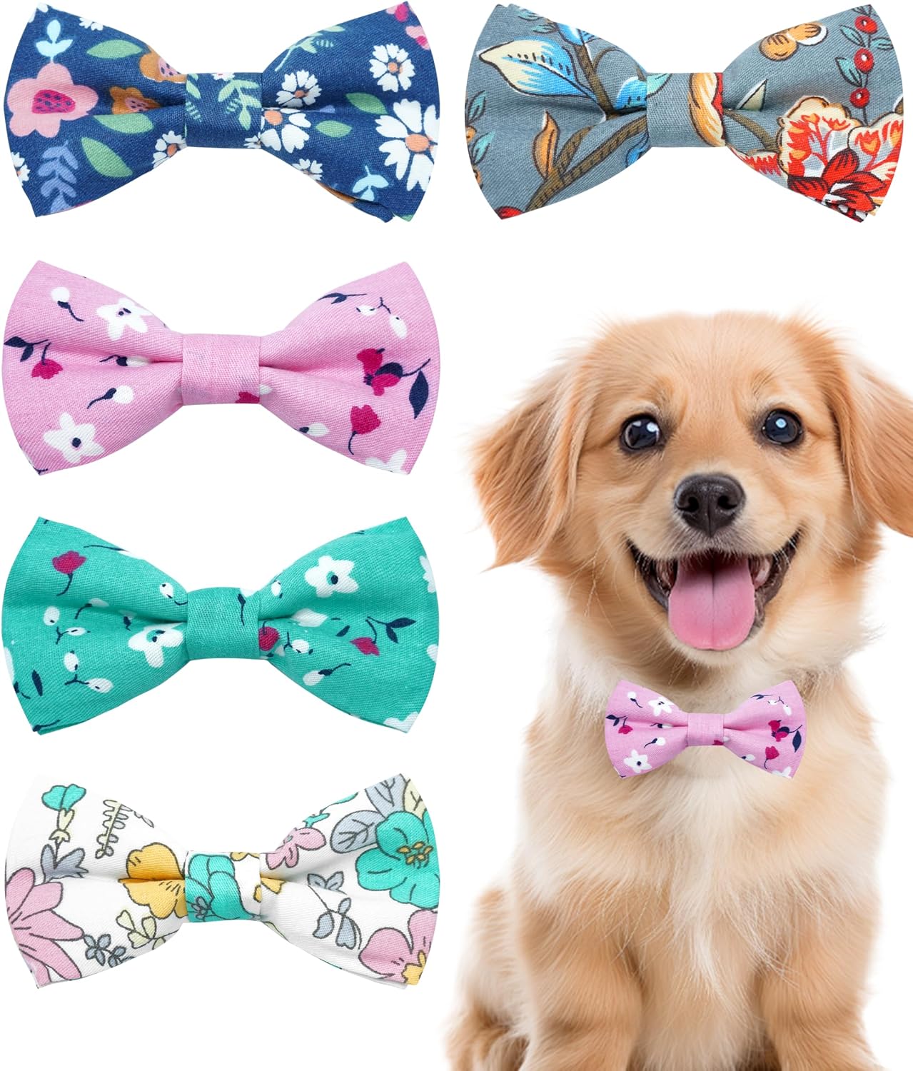 PET SHOW 5 Pack Dog Bowties Floral for Small Dogs Slide on Collar