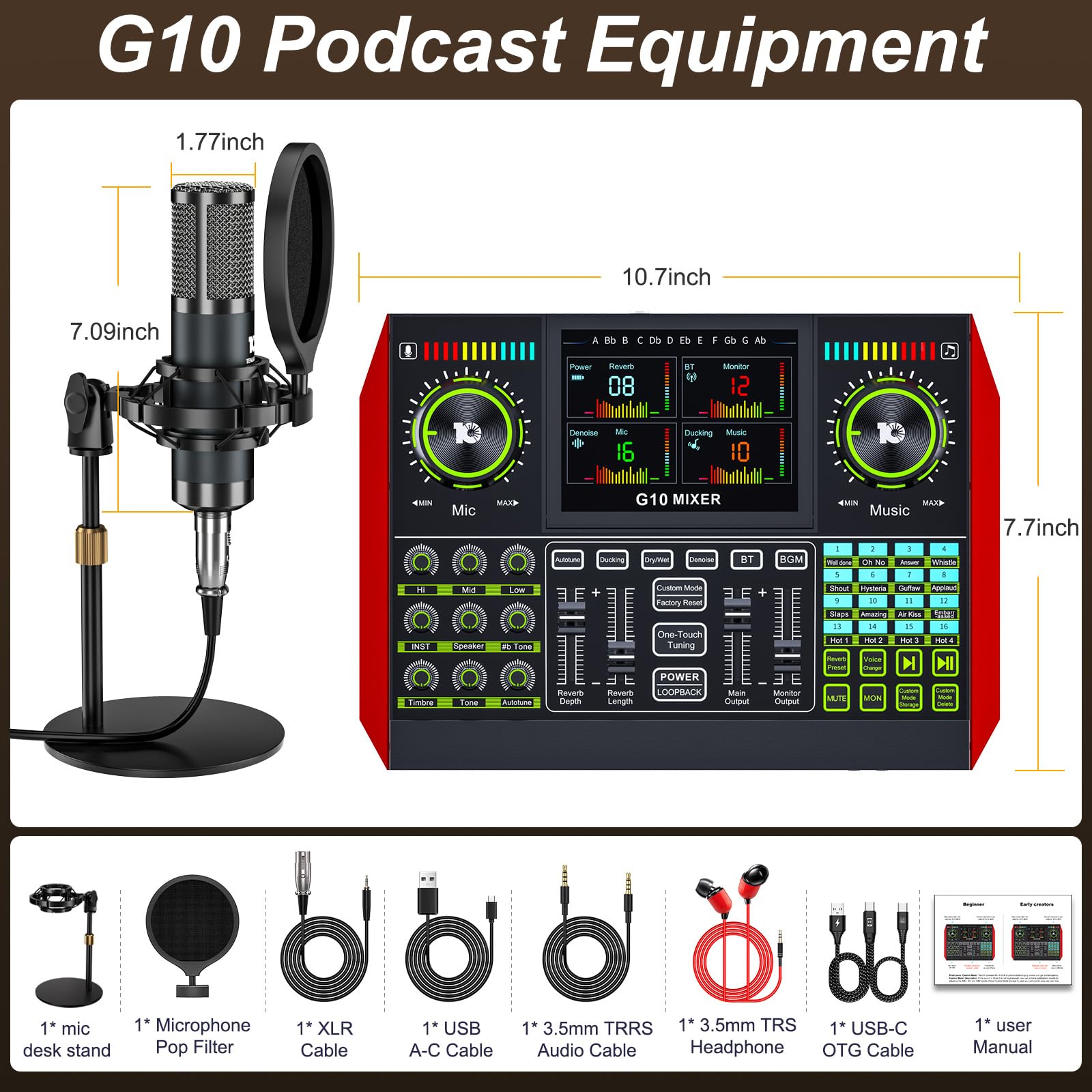Denoise (P15) - Set di attrezzature per podcast con microfono a condensatore da 3,5 mm per pc/telefono, live streaming, canto e registrazione di musica, mixer audio con scheda audio dal vivo, scheda