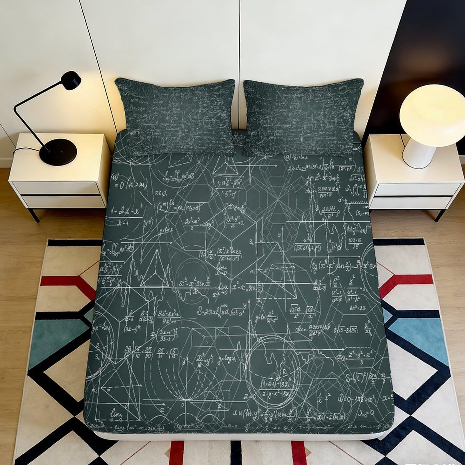 3D Printed Mathematical Formula Fitted Sheet Microfiber Soft Geometric Equation Mattress Cover for Bedroom Dorm Decorative 90x200x25cm