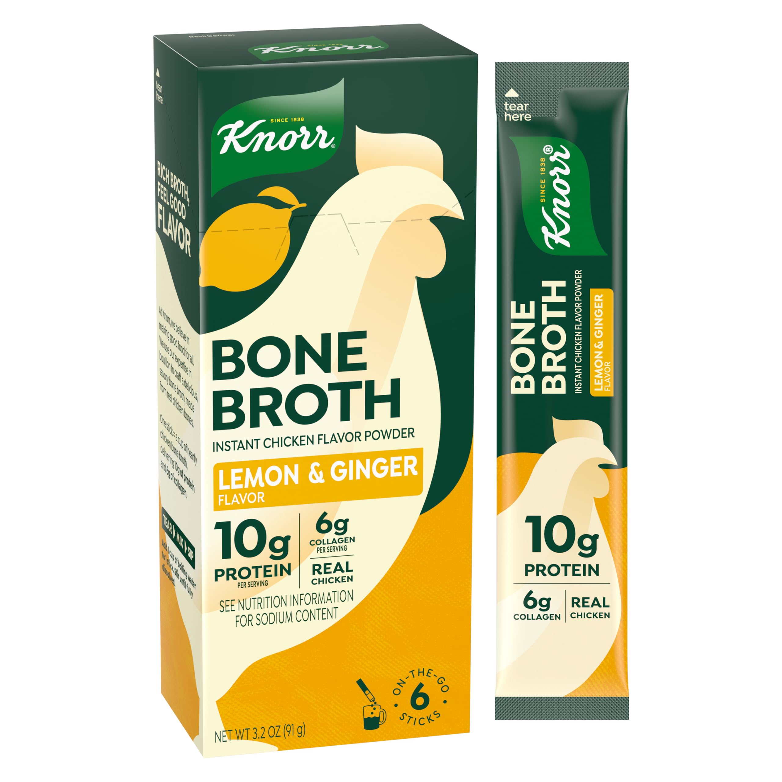 Knorr Lemon Ginger Chicken Bone Broth 6 Count, Instant Powder Mix Packets
