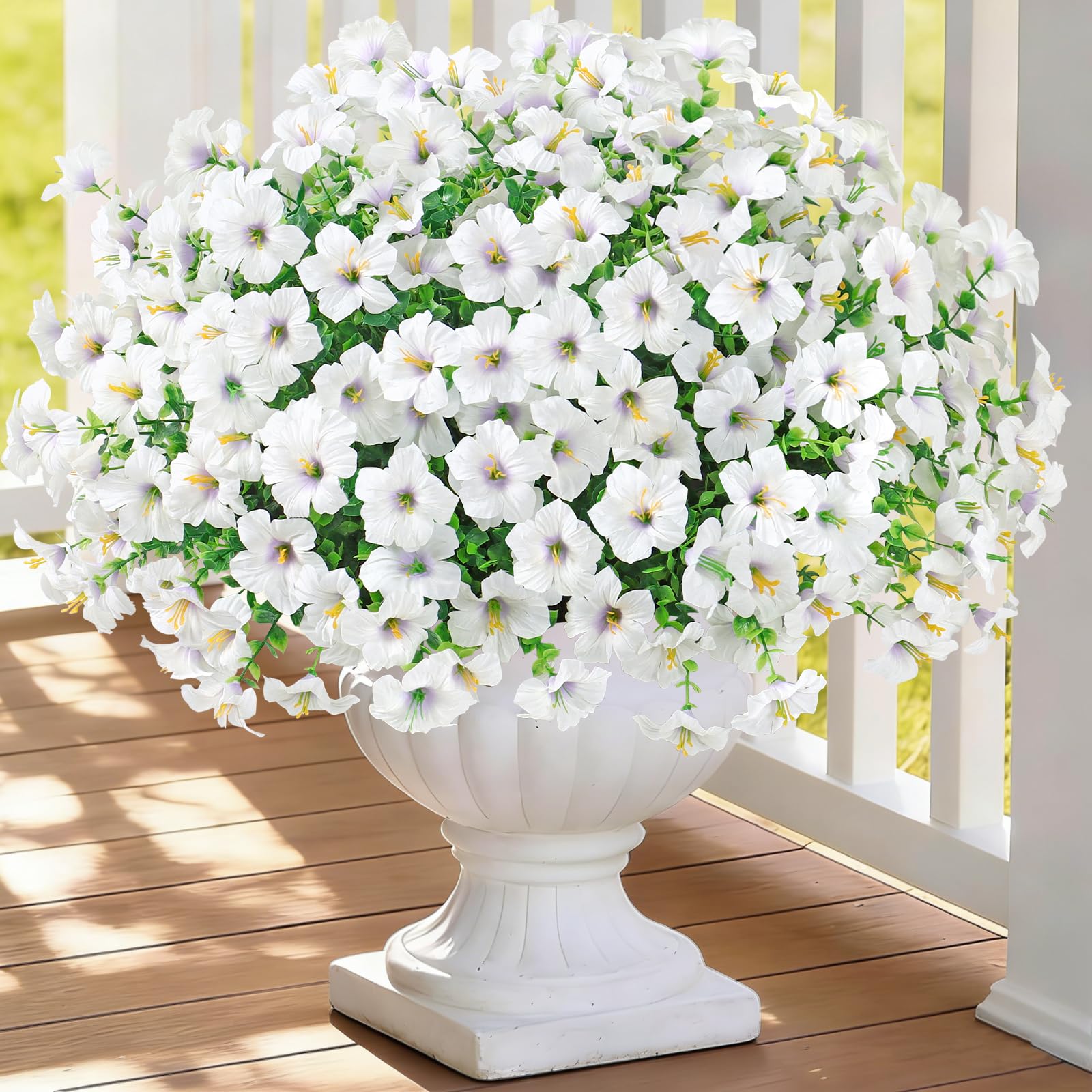 Weldomcor 12 Bundles Artificial Flowers for Outdoor, UV Resistant Fake Silk Morning Glory Flowers Faux Greenery Plastic Petunia Spring Summer Decor for Front Door Planter Porch Patio Yard (White)