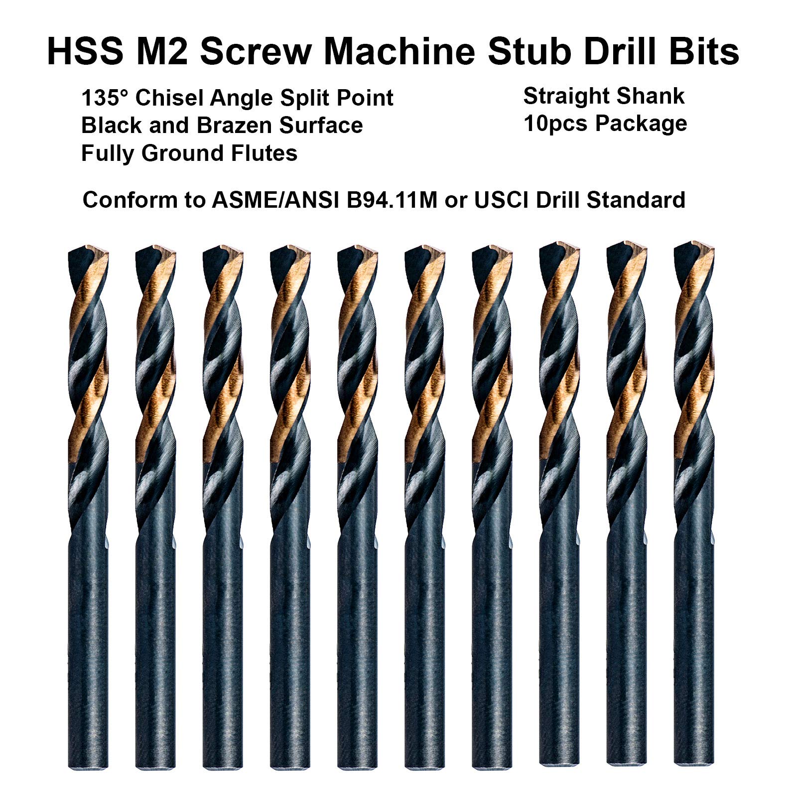 MAXTOOL 1/64 "10 brocas de tornillo idéntico HSS M2 Twist Stub Brocas totalmente molidas negro y bronce; SMF02H10R01P10