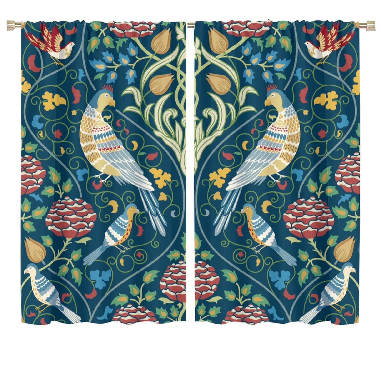 BenYaSong Vintage Bird Window Curtains，William Morris Original Design，Boho Vintage Flowers for Teen Thermal Insulated Darkening Room Window Curtain Drapes 2 Panels 72x63in