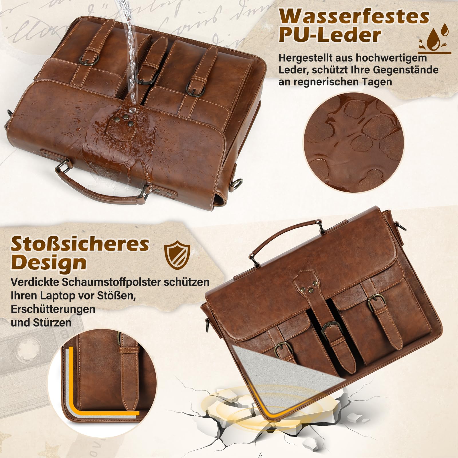 RAINSMORE Bolso Bandolera Hombre Cuero Bolsa de Mensajero Maletin Vintage 15.6 Pulgadas Marrón