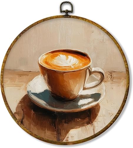 Hiuwevt Decoración de pared redonda de café retro, impresiones en lienzo enmarcadas con leche vintage, decoración rústica de café cottagecore