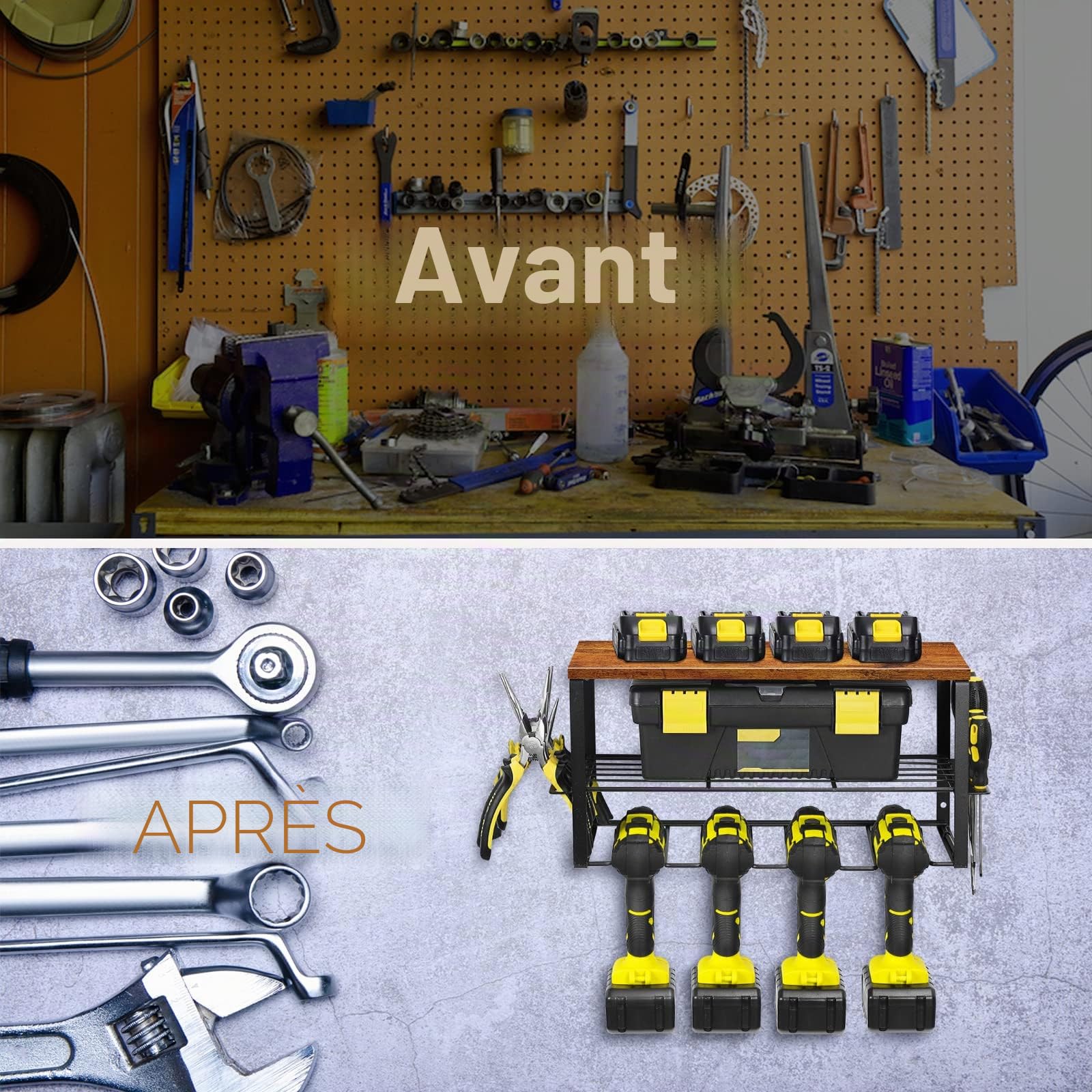 Nandae Organisateur Mural pour Outils électriques, porte-outils pour 4 perceuses, 3 emplacements avec Rangement tournevis latéral pour garage, atelier