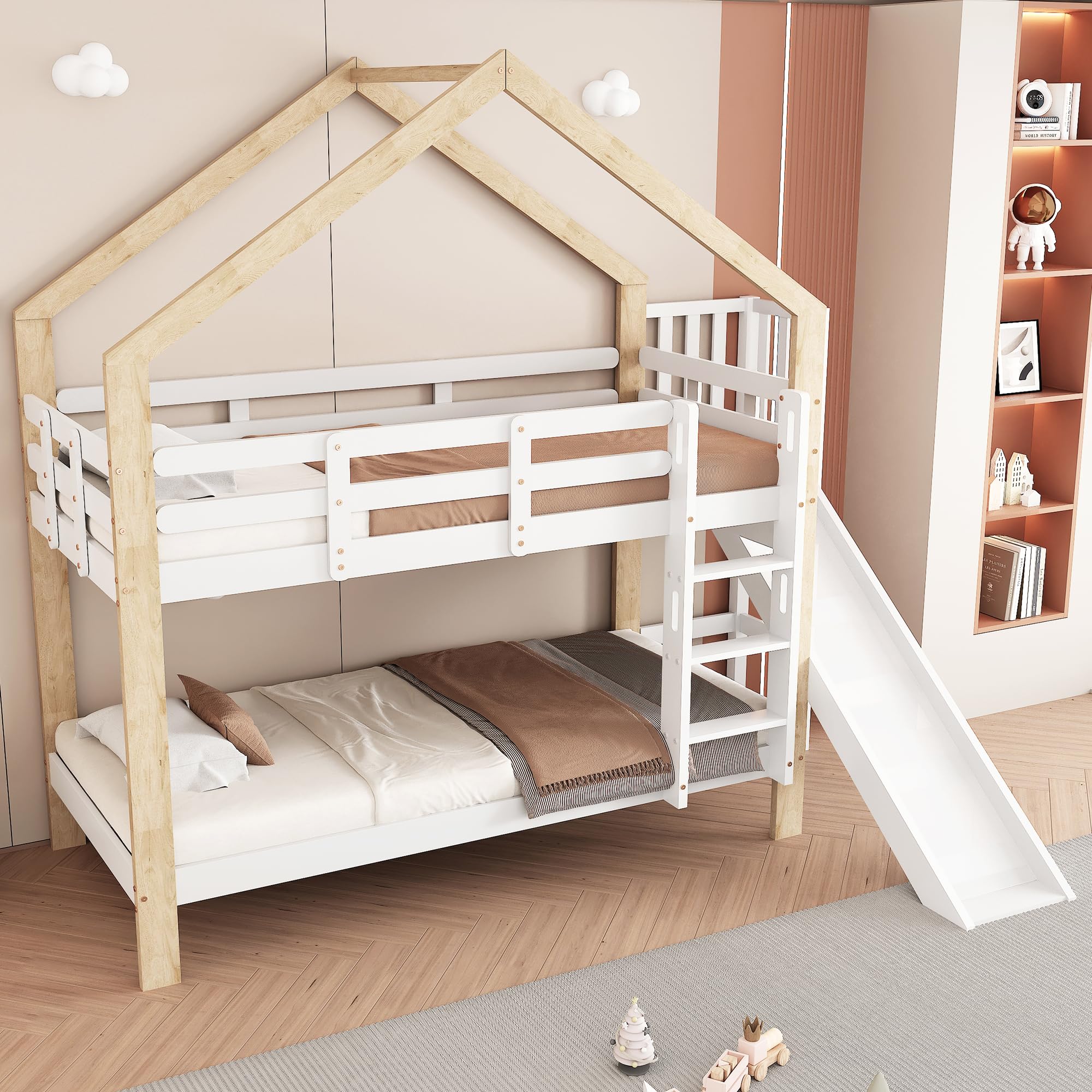 Letto a castello con scivolo e scaletta angolare a tre gradini, letto a casetta con protezione anticaduta, lettino per bambini, telaio letto in legno massello, bianco+naturale, 90x200 cm