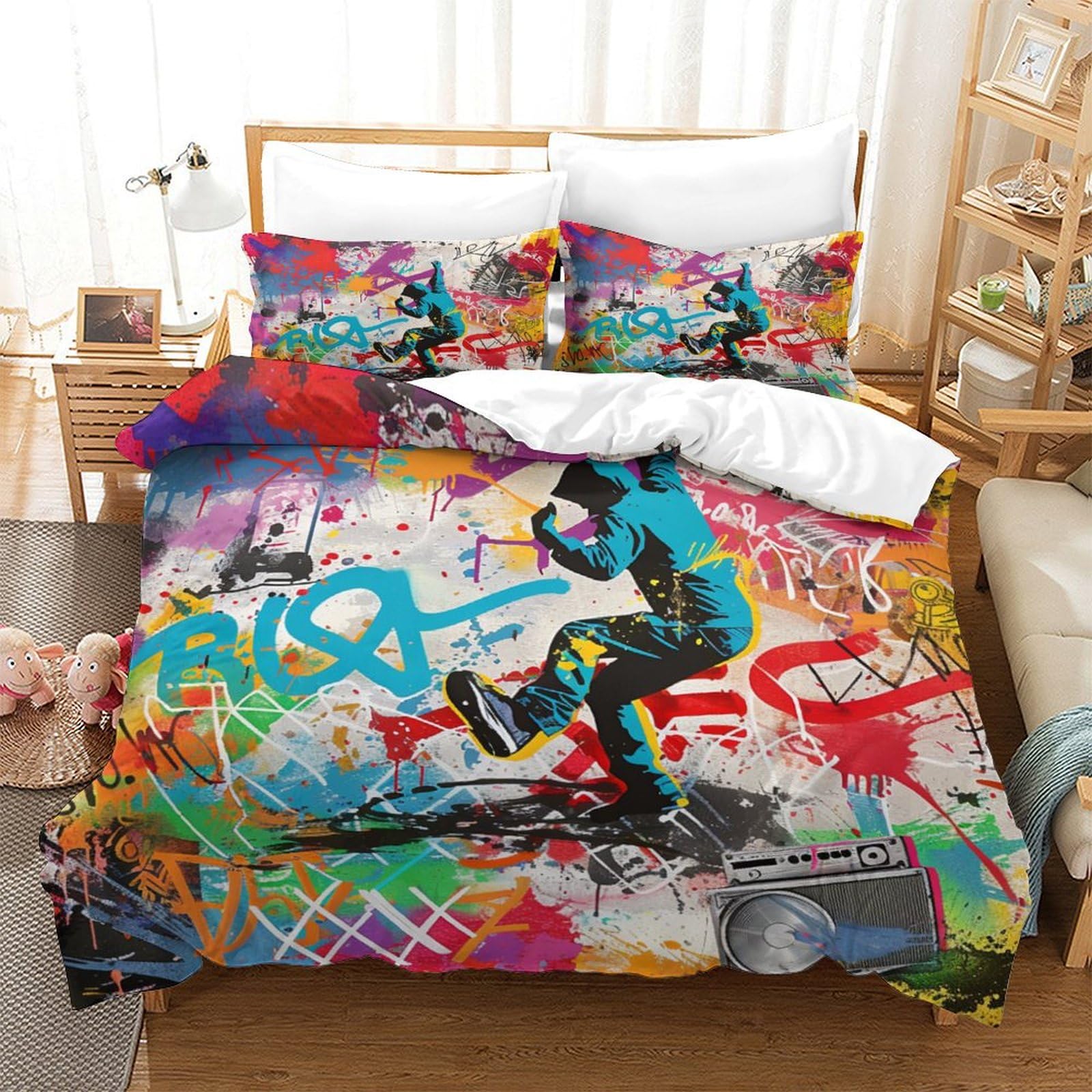 ENYISIYULO Bedding Set Graffiti 3D Print Duvet Quilt Cover Artistic Graffiti Soft & Cosy Breathable Comforter Covers for Adults Kids Bedroom Double（200x200cm）