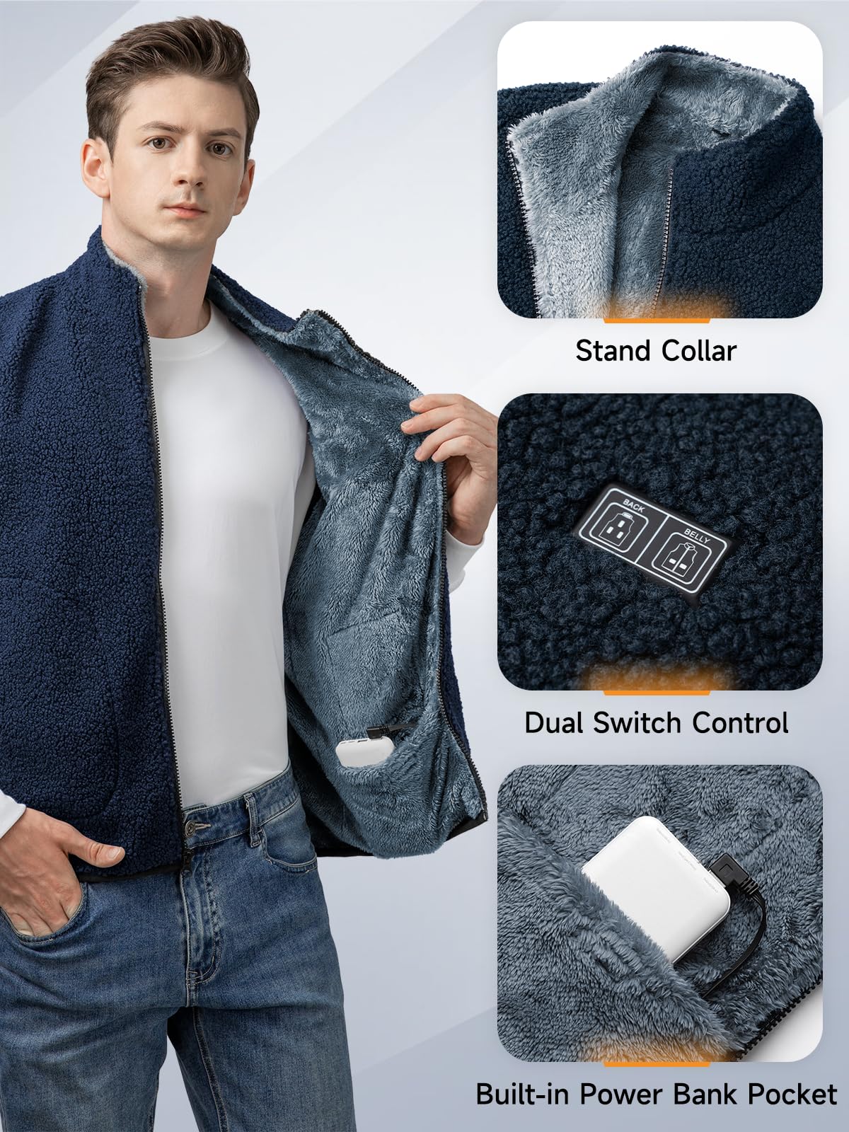 Beheizbare Weste, Heizweste für Damen Herren, Beheizte Jacke, Heizjacke mit Powerbank, 7.4V/5.0V Wärmejacke mit 3 Einstellbar Temperatur, 6 Heizzone, Wärmeweste Winter Regenjacke Kleidung mit Akku