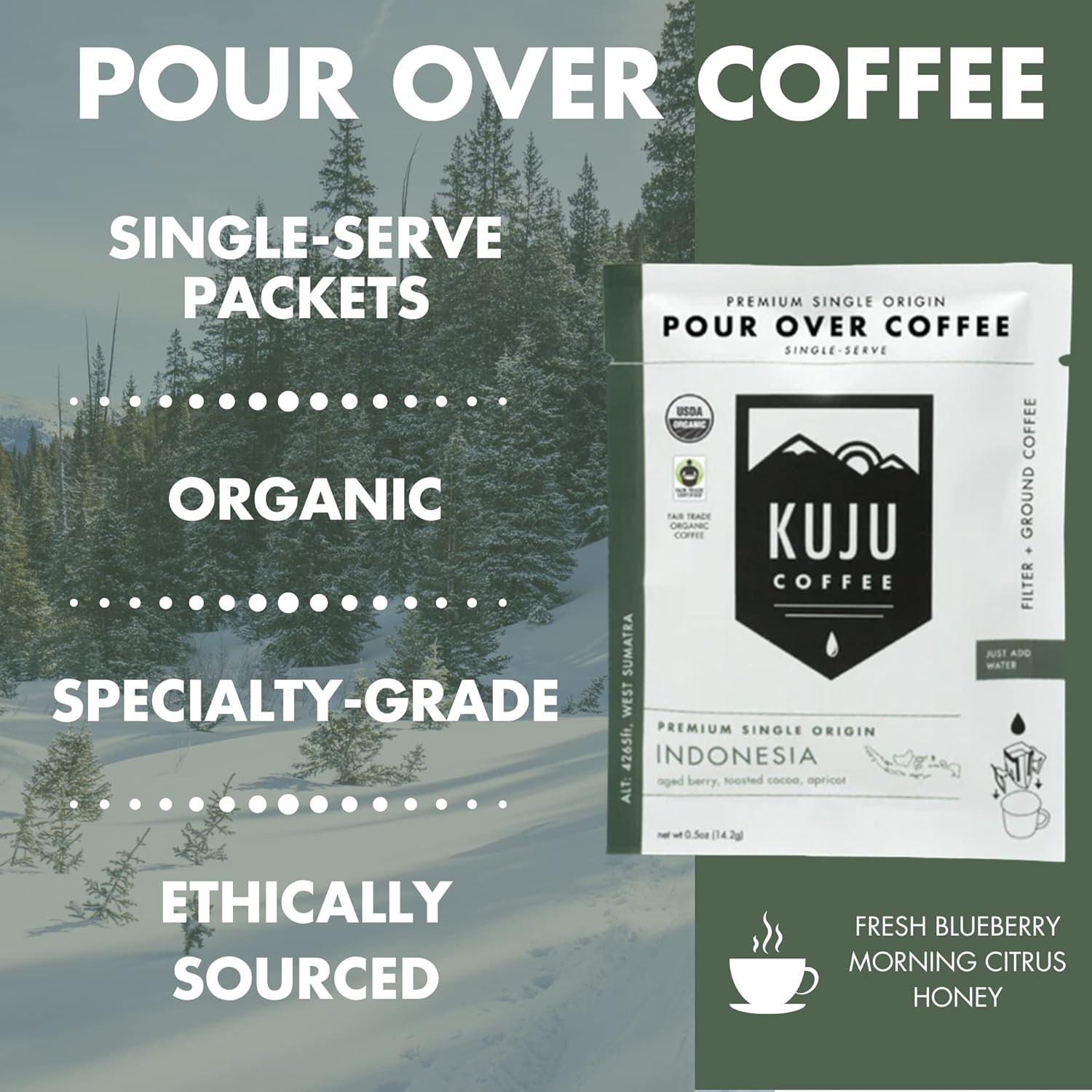 Kuju Coffee Premium Pour Over Individual Coffee Packets - Backpacking, Travel, Camping Organic Coffee Singles - Fair Trade & Eco-Friendly - Indonesia - West Sumatra, 6-pack
