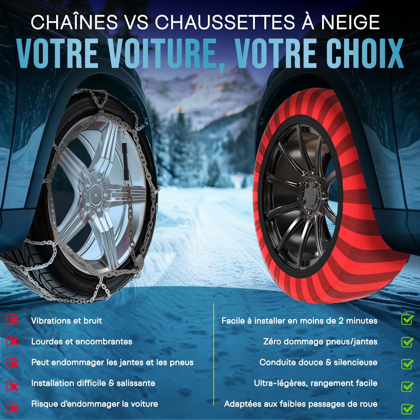 ISSE Chaussettes Neige T-70 | Textiles Homologuées et Haute Sécurité – Kit de 2 Chausettes pour Voitures + Gants, Rouge/Noire