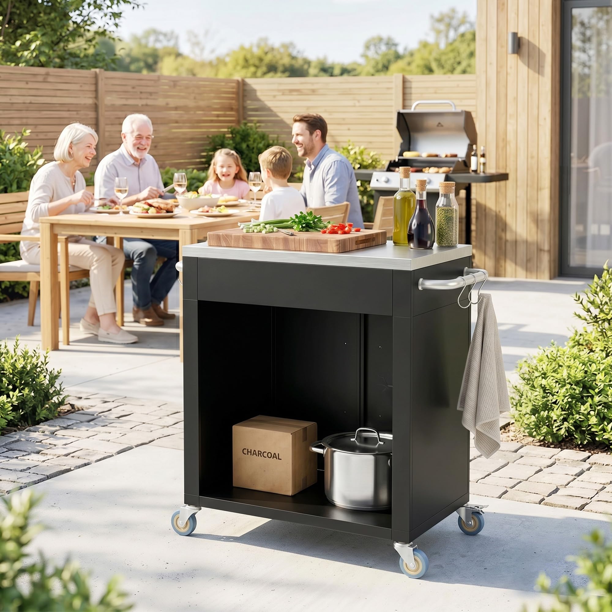 HOMCOM Carrello Barbecue con Piano in Acciaio Inox Tavolo da Cucina da Esterno con Ruote, Maniglia, 6 Ganci, Armadietto Contenitore 86x50x86.5 cm Nero